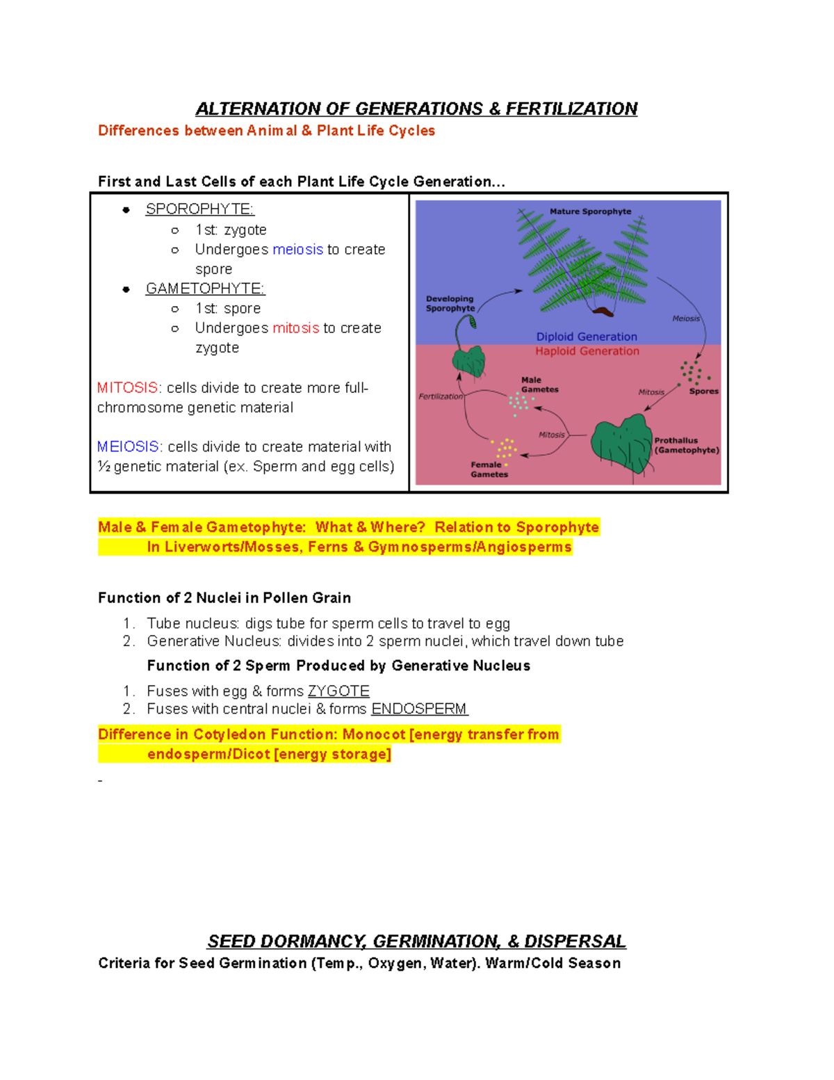 ENVS 207 QUIZ 2 Study Guide ALTERNATION OF GENERATIONS