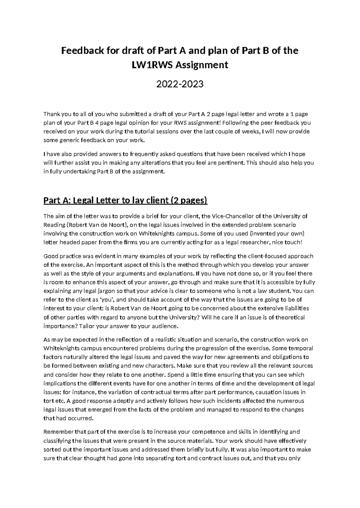 Assessment Feedback Feedback for draft of Part A and plan of Part B of ...