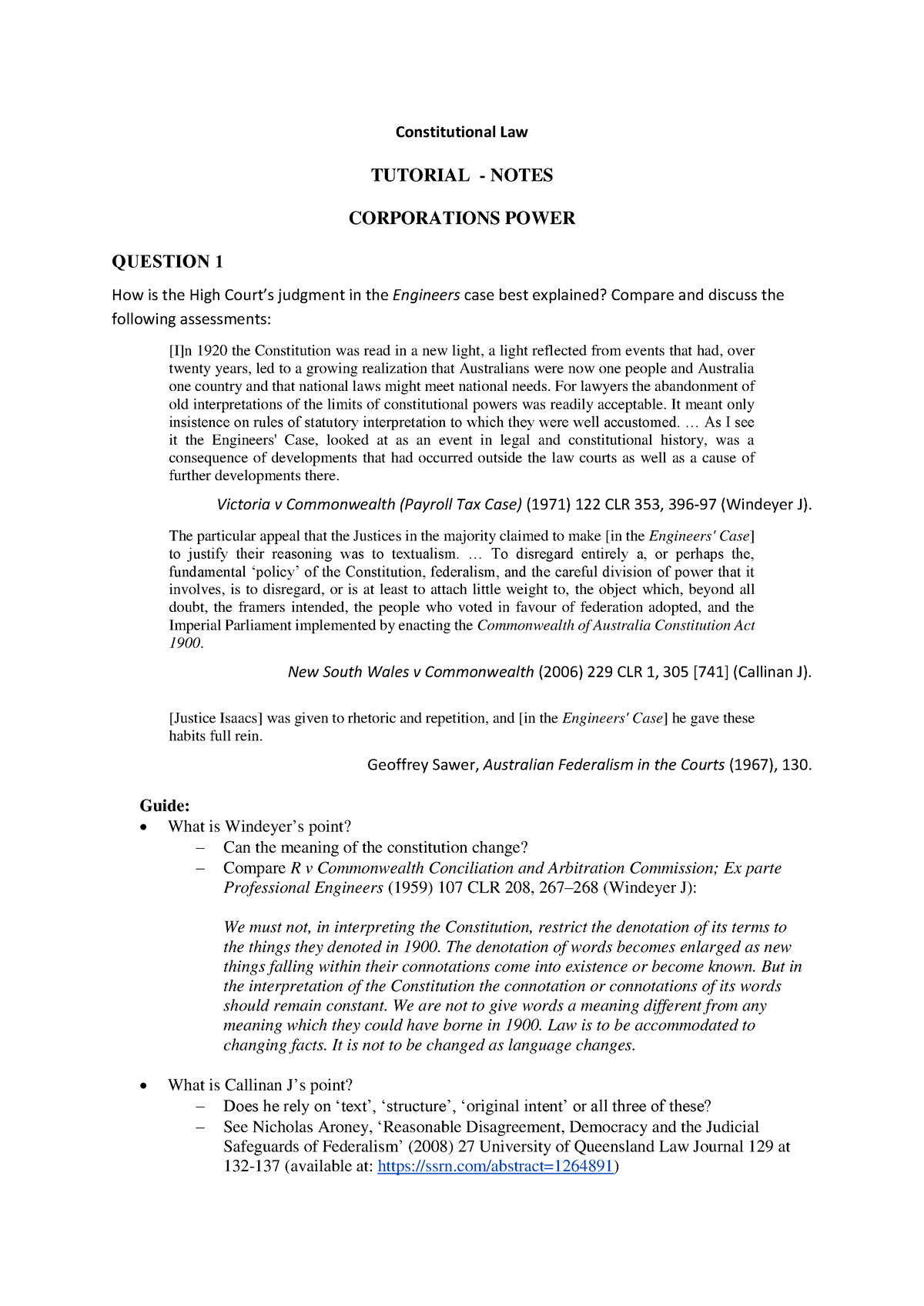 Const Law Tutorial - Corporations Power - Guide - Constitutional Law ...