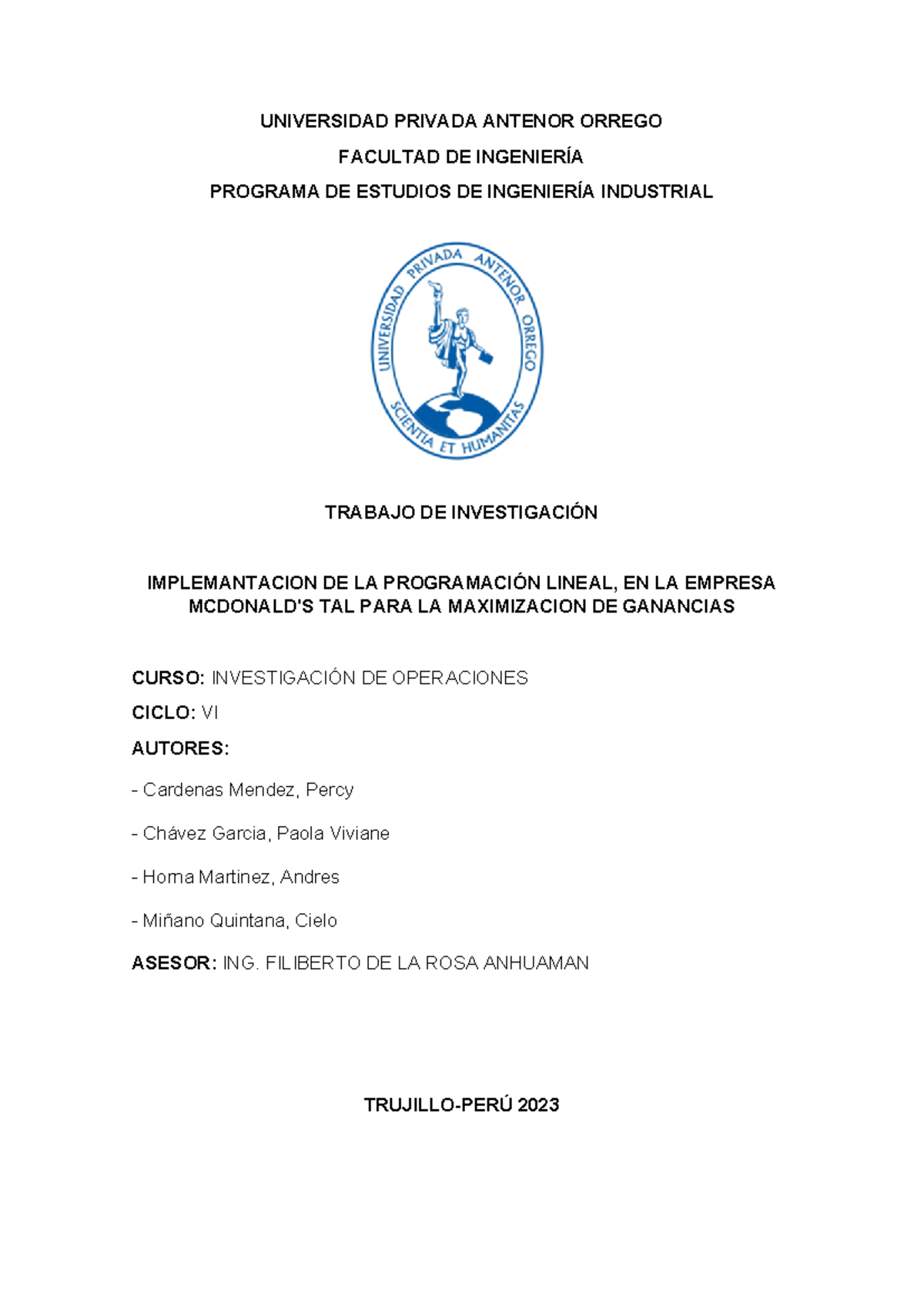 Informe - Invope I - UNIVERSIDAD PRIVADA ANTENOR ORREGO FACULTAD DE ...