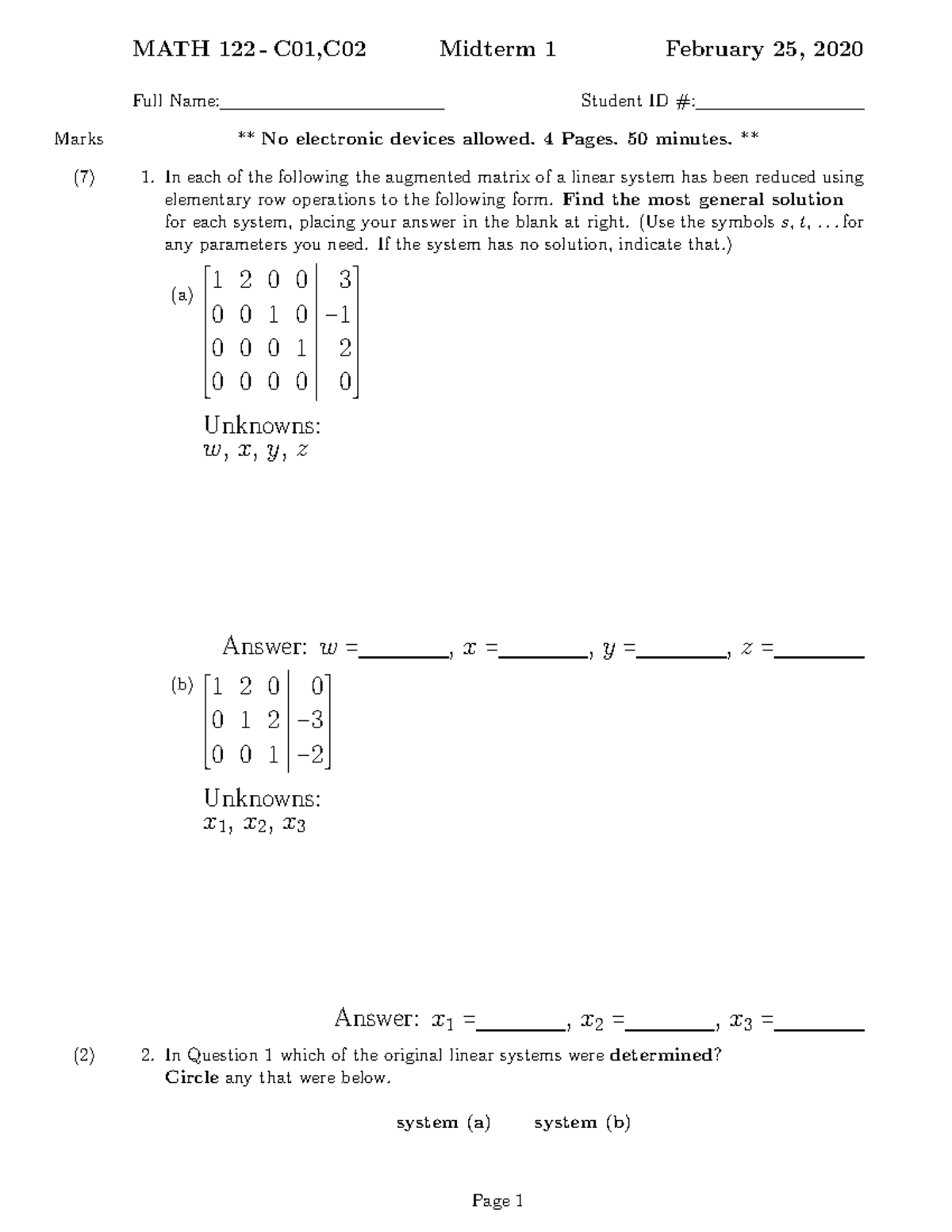 Midterm 25 February 2020, Questions - MATH 122 - C01,C02 Midterm 1 ...