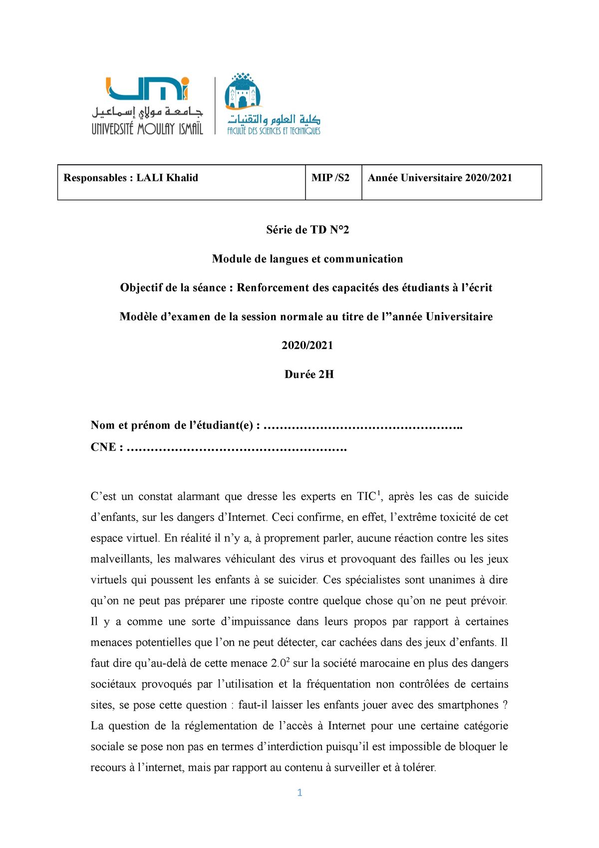 Série De TD N°2 - AU 2020-2021- Module De Langues Et Communication ...