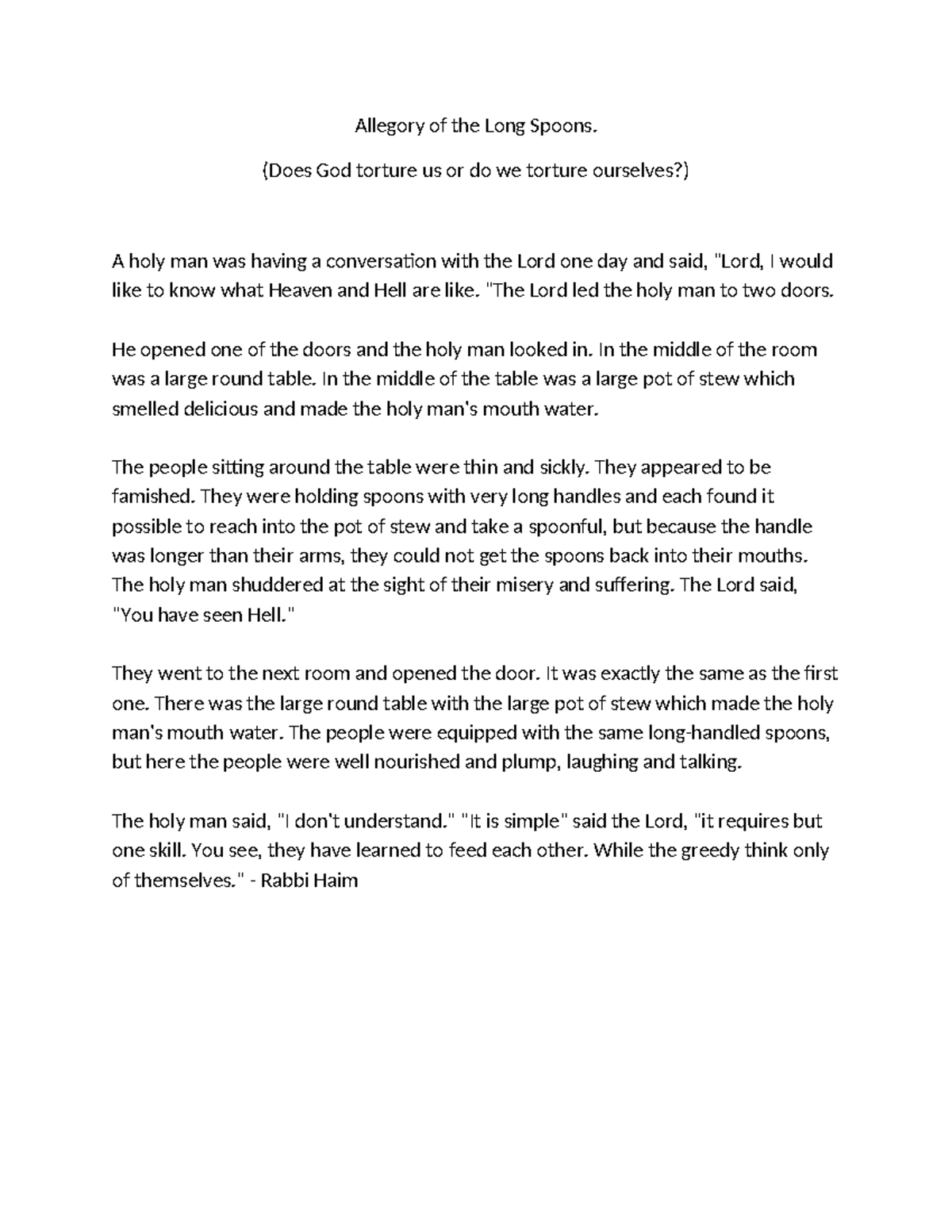 Allegory of the Long Spoons (Does God torture us or do we torture