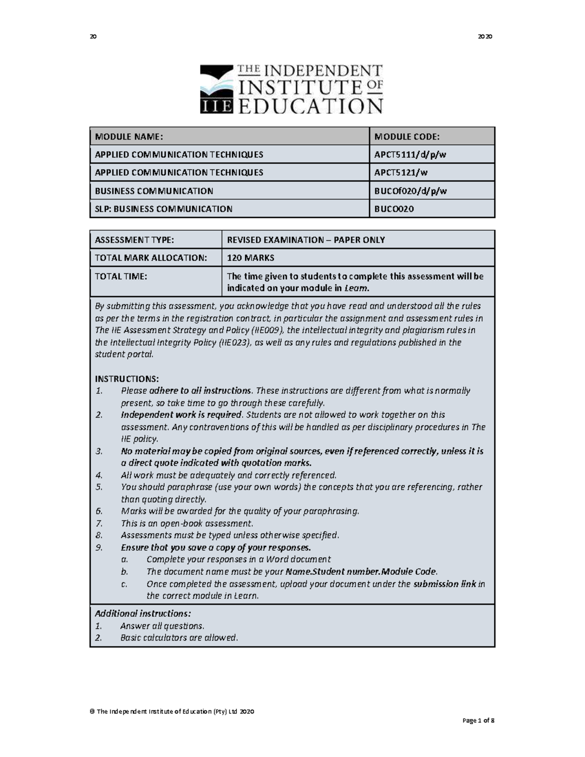 Take-Home Exam 1 - Take Home Exam - © The Independent Institute Of ...