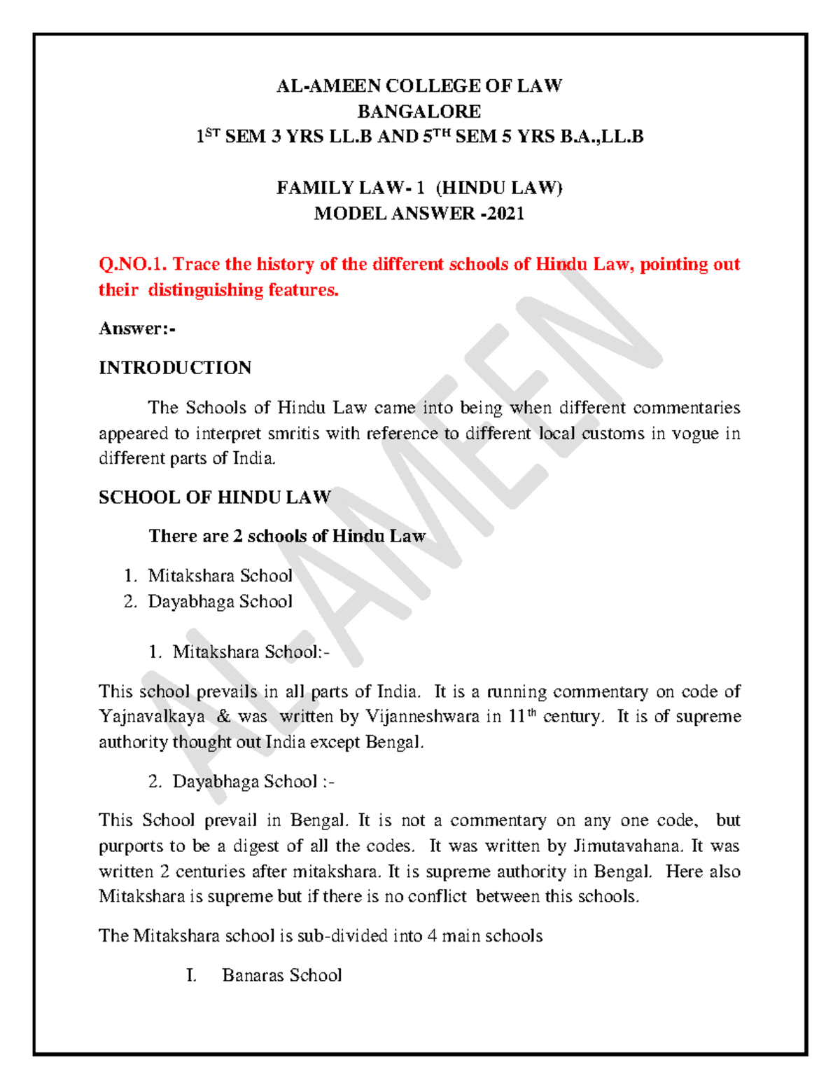 Hindu LAW Question AND Answers 1 2 ALAMEEN COLLEGE OF LAW BANGALORE 1 ST SEM 3 YRS LL AND 5TH