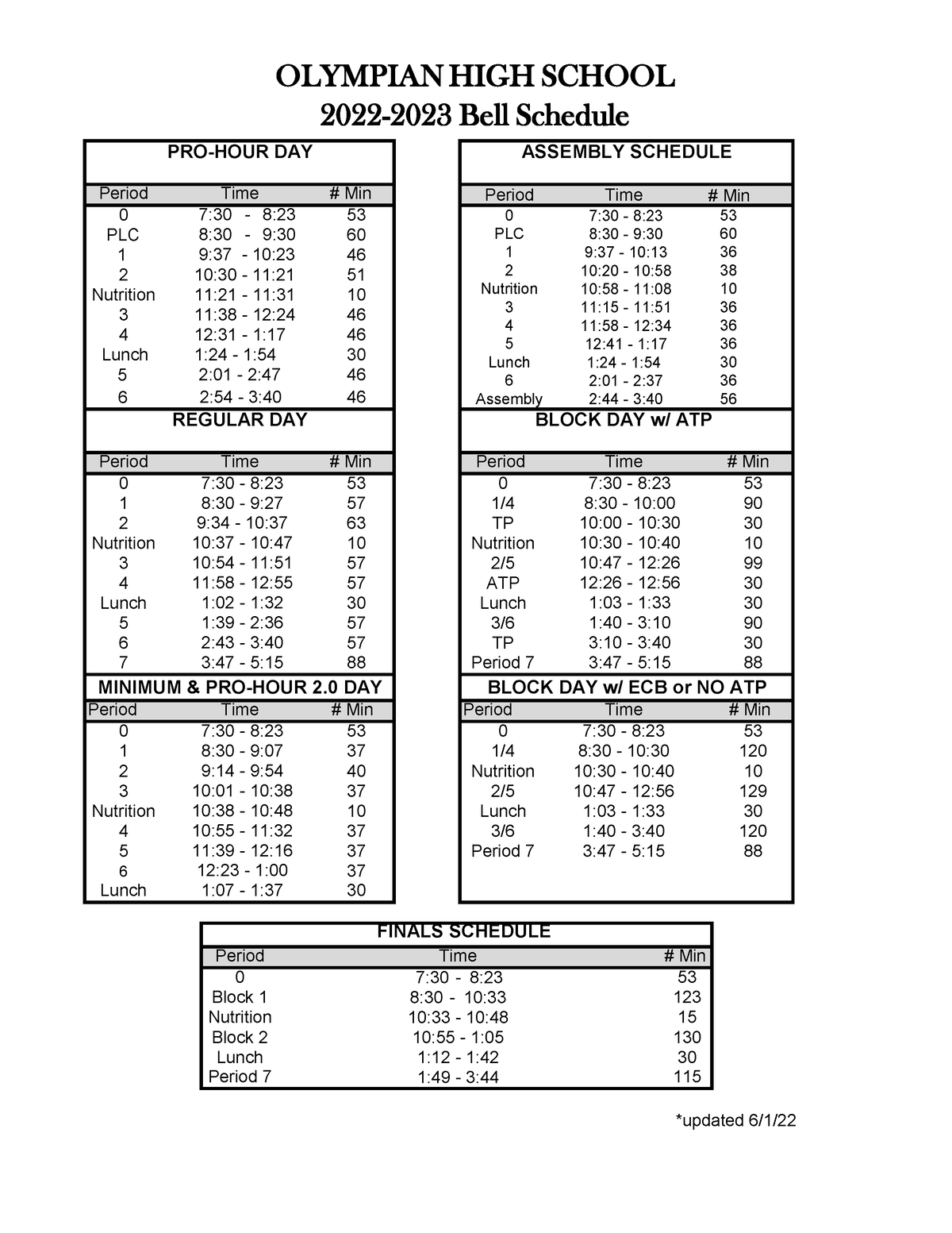 OHS Daily Bell Schedules - OLYMPIAN HIGH SCHOOL 2022 - 2023 Bell