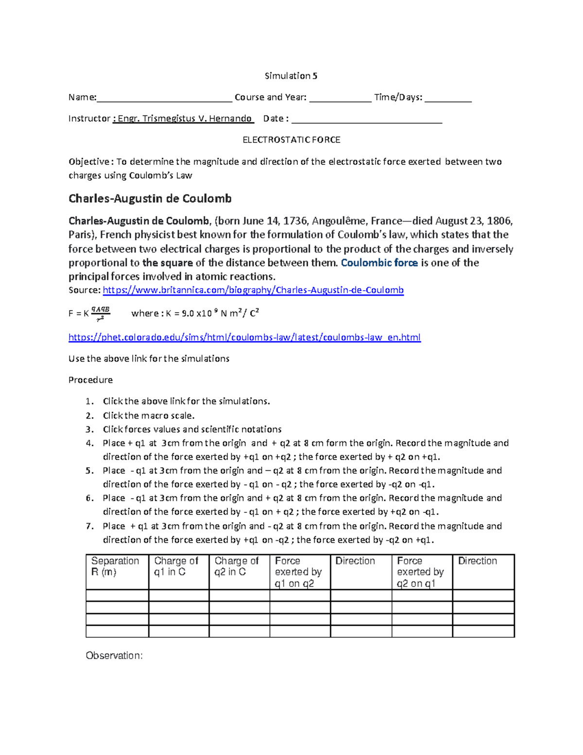 Simulation 5 Electrostaic Force - Simulation 5 Name ...