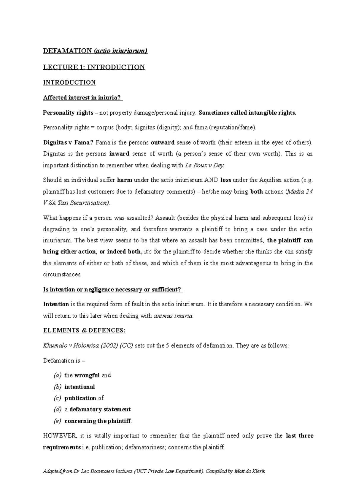 Defamation FLY Notes DEFAMATION (actio iniuriarum) LECTURE 1