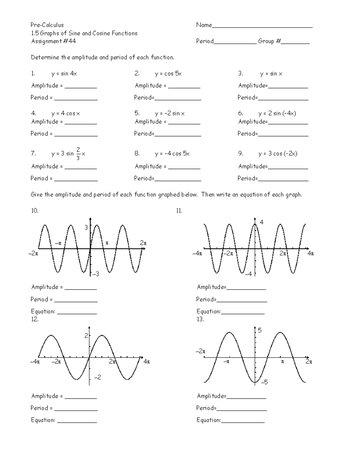 Pre Calculus Name 1 5 Graphs of Sine and - Pre-Calculus Name ...