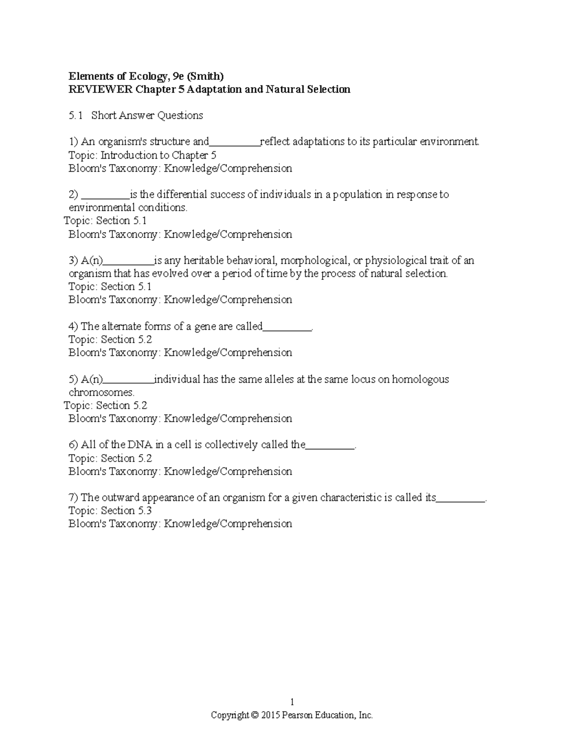 Elements of Ecology Practice Questions Chapter 5 - 1 Copyright © 2015 ...