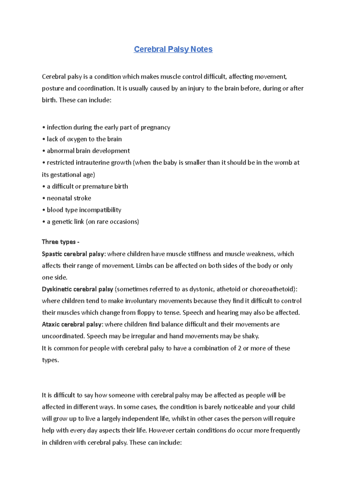 Cerebral Palsy Notes - Cerebral Palsy Notes Cerebral palsy is a ...