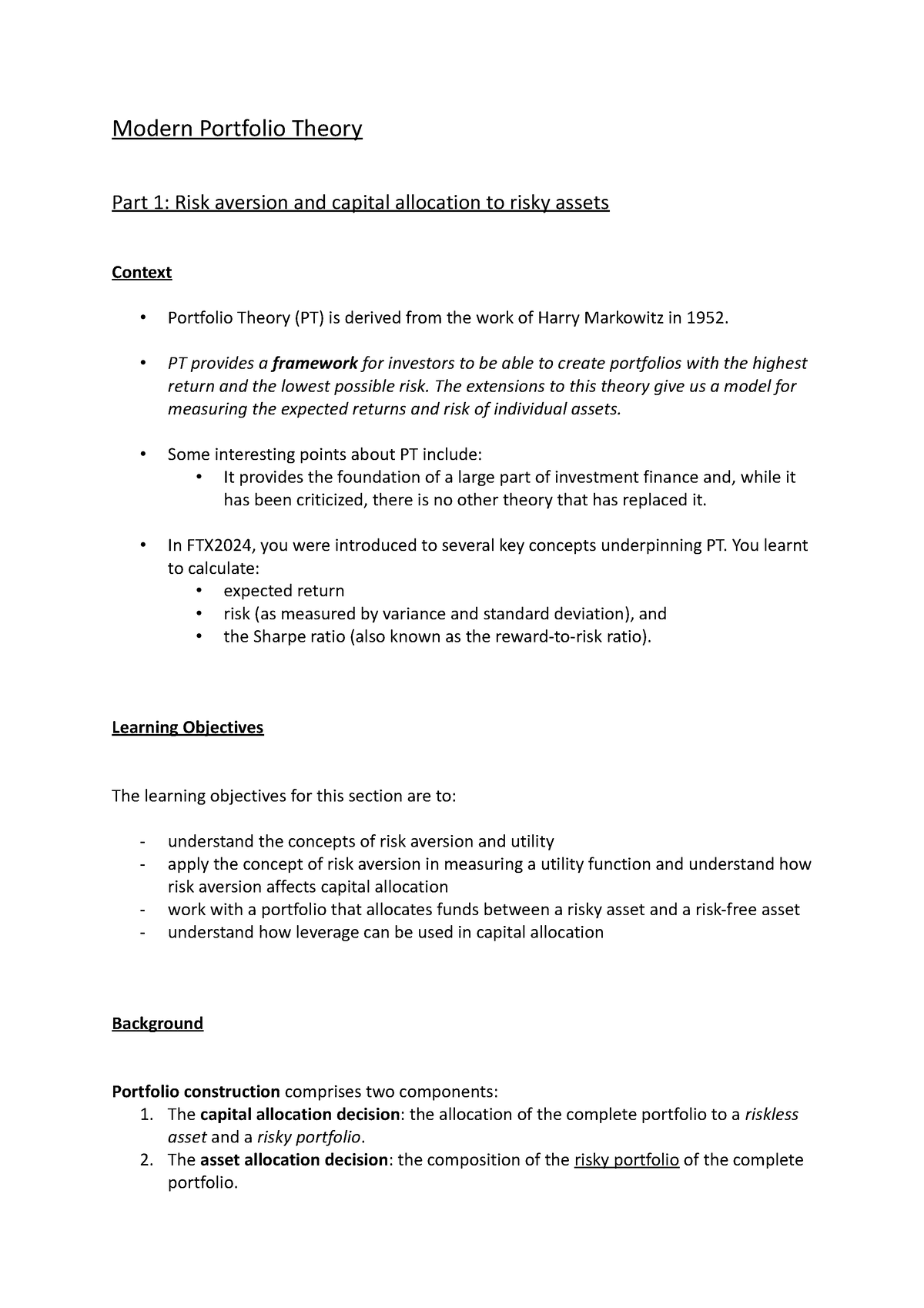 Part 1- Risk Aversion And Capital Allocation To Risky Assets - Ftx3044f 