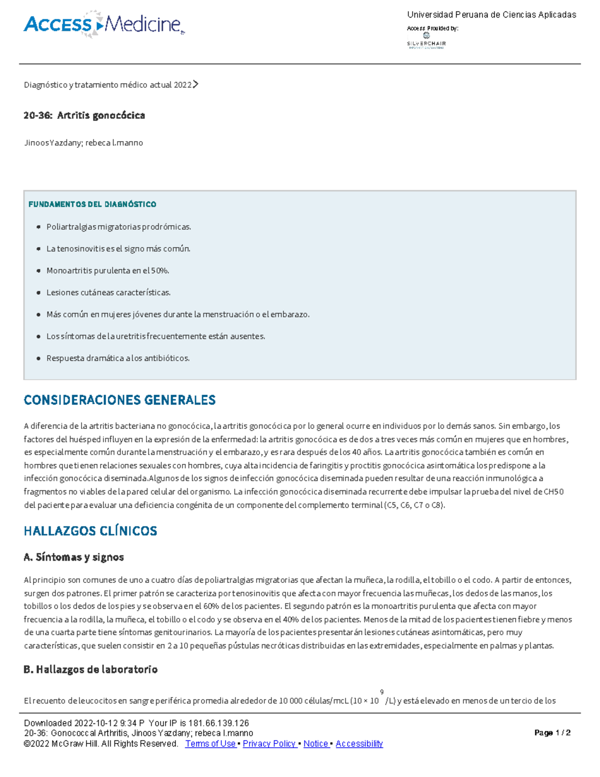 2036 Gonococcal Arthritis Diagnóstico y tratamiento médico actual