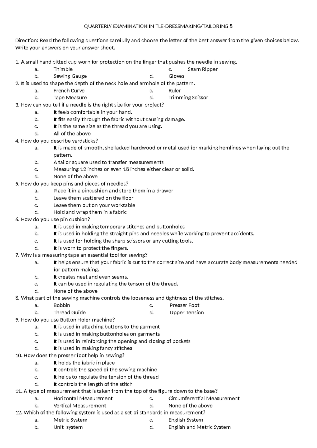 Quarterly Examination IN TLE corrected - QUARTERLY EXAMINATION IN TLE ...