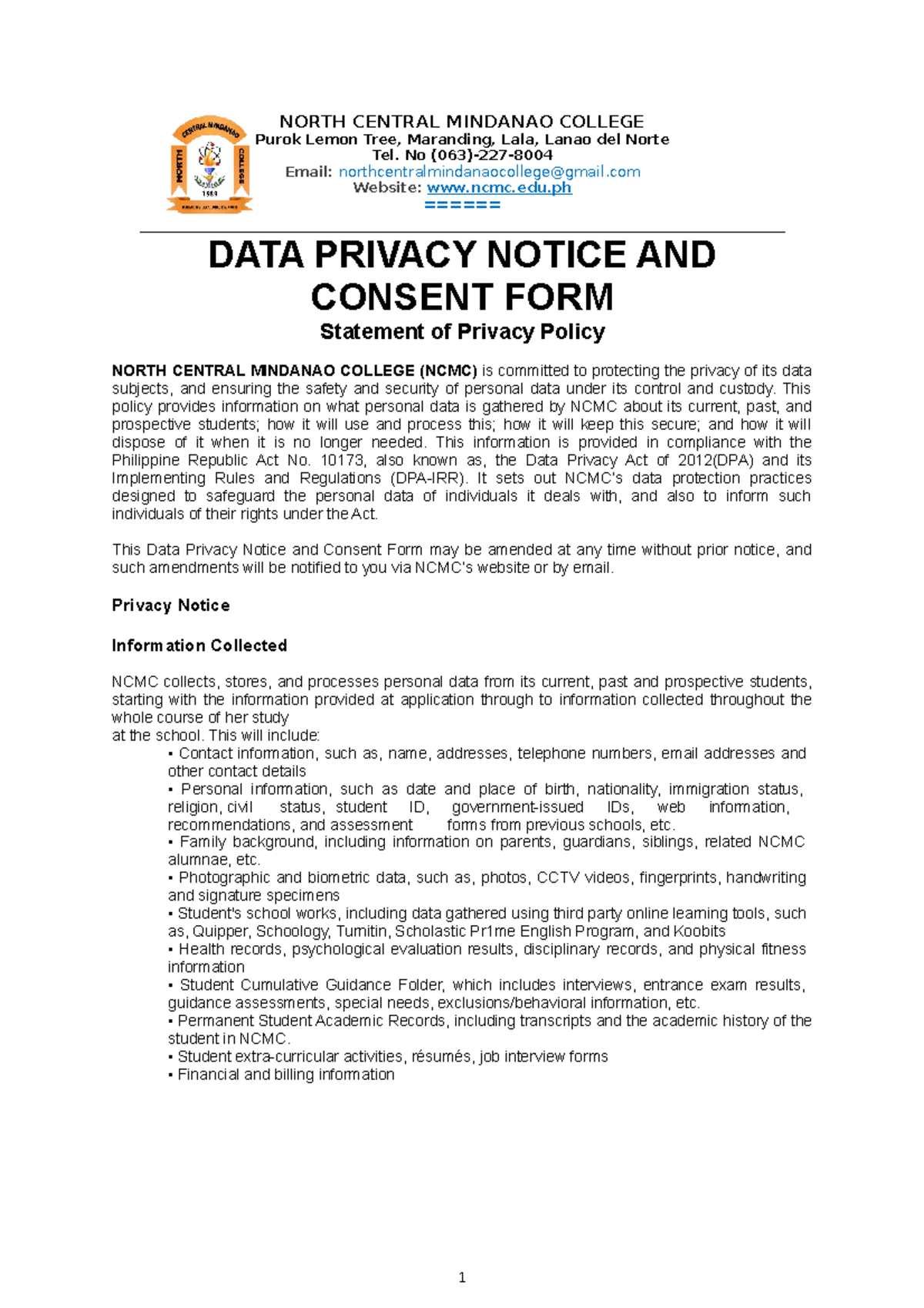 NCMC-Data-Privacy-Consent-Form - NORTH CENTRAL MINDANAO COLLEGE Purok ...