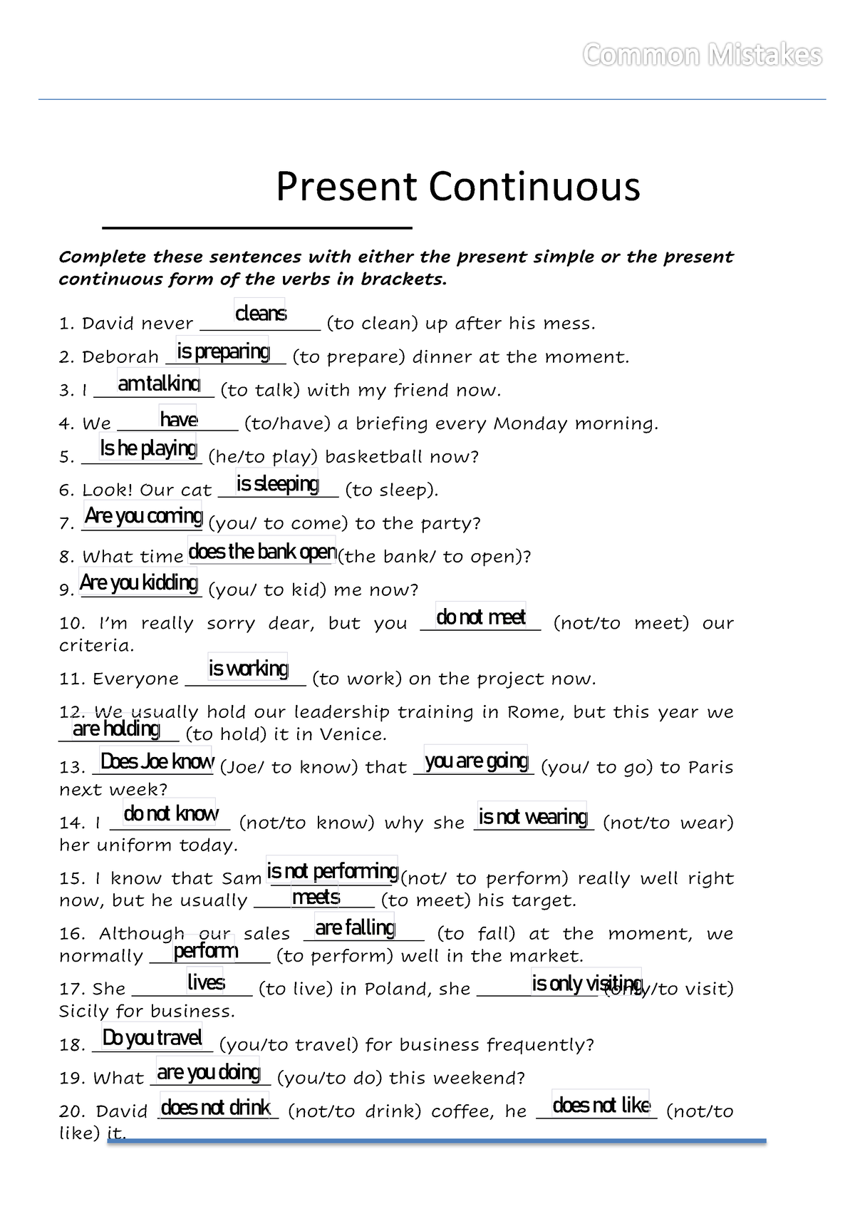 Present continuous practice 1 - Present Continuous Complete these ...