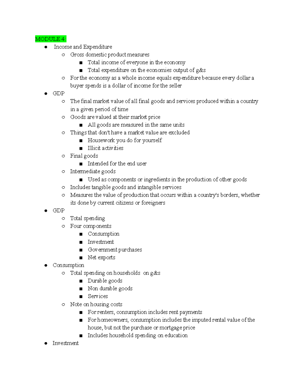 Module 4 - MODULE 4: Income and Expenditure Gross domestic product ...