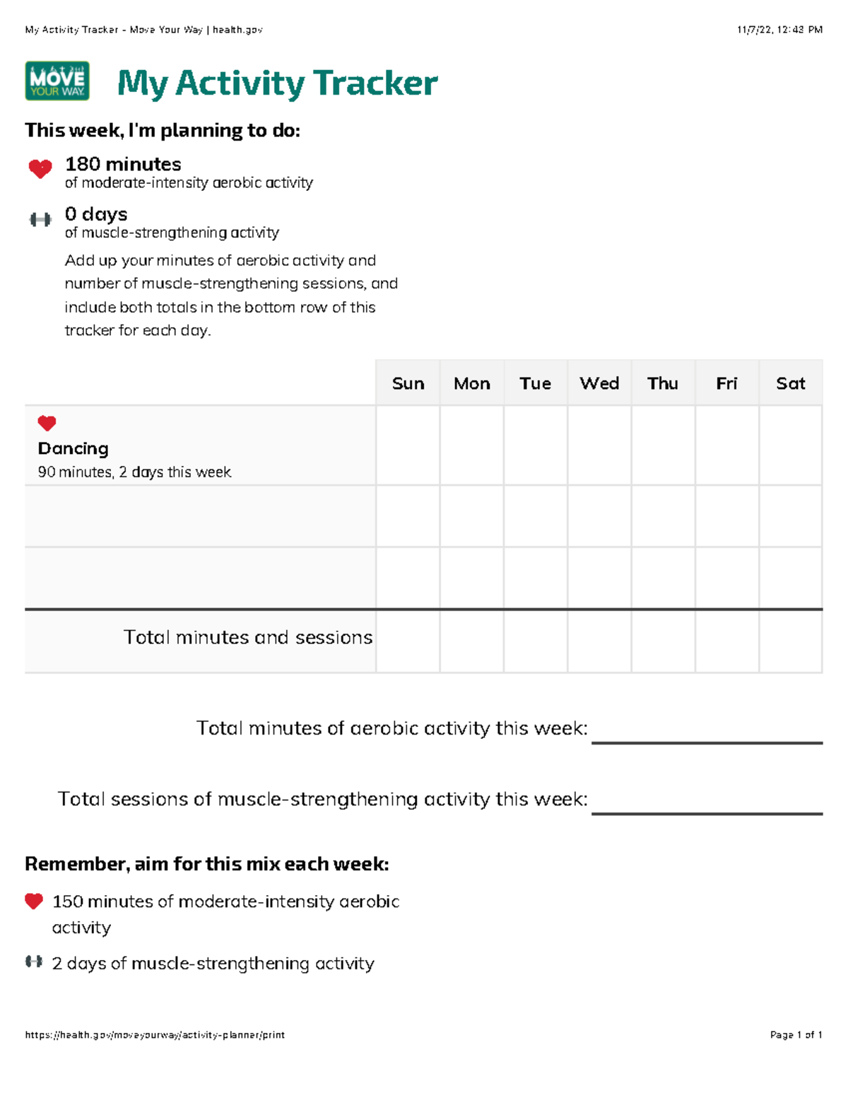 Activity Planner study guide My Activity Tracker Move Your Way