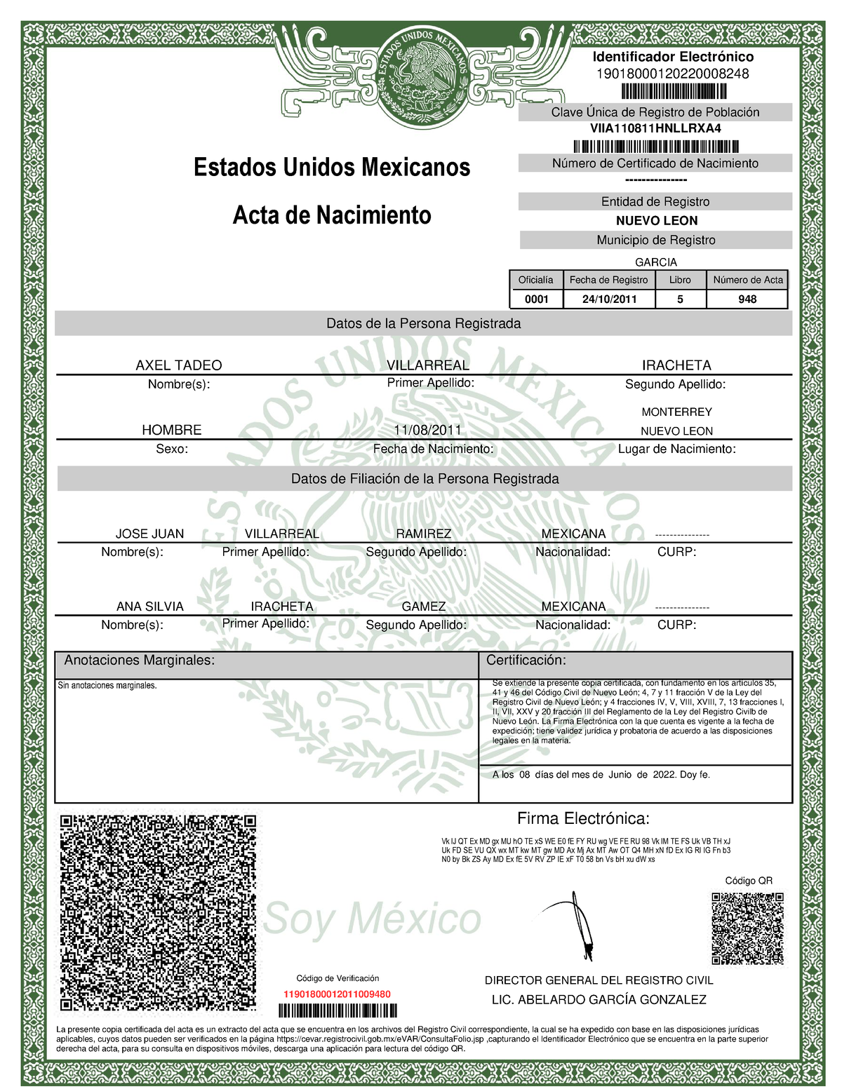 Acta De Nacimiento Viia110811 Hnllrxa 4 Clave Única De Registro De Población Viia110811hnllrxa 2238