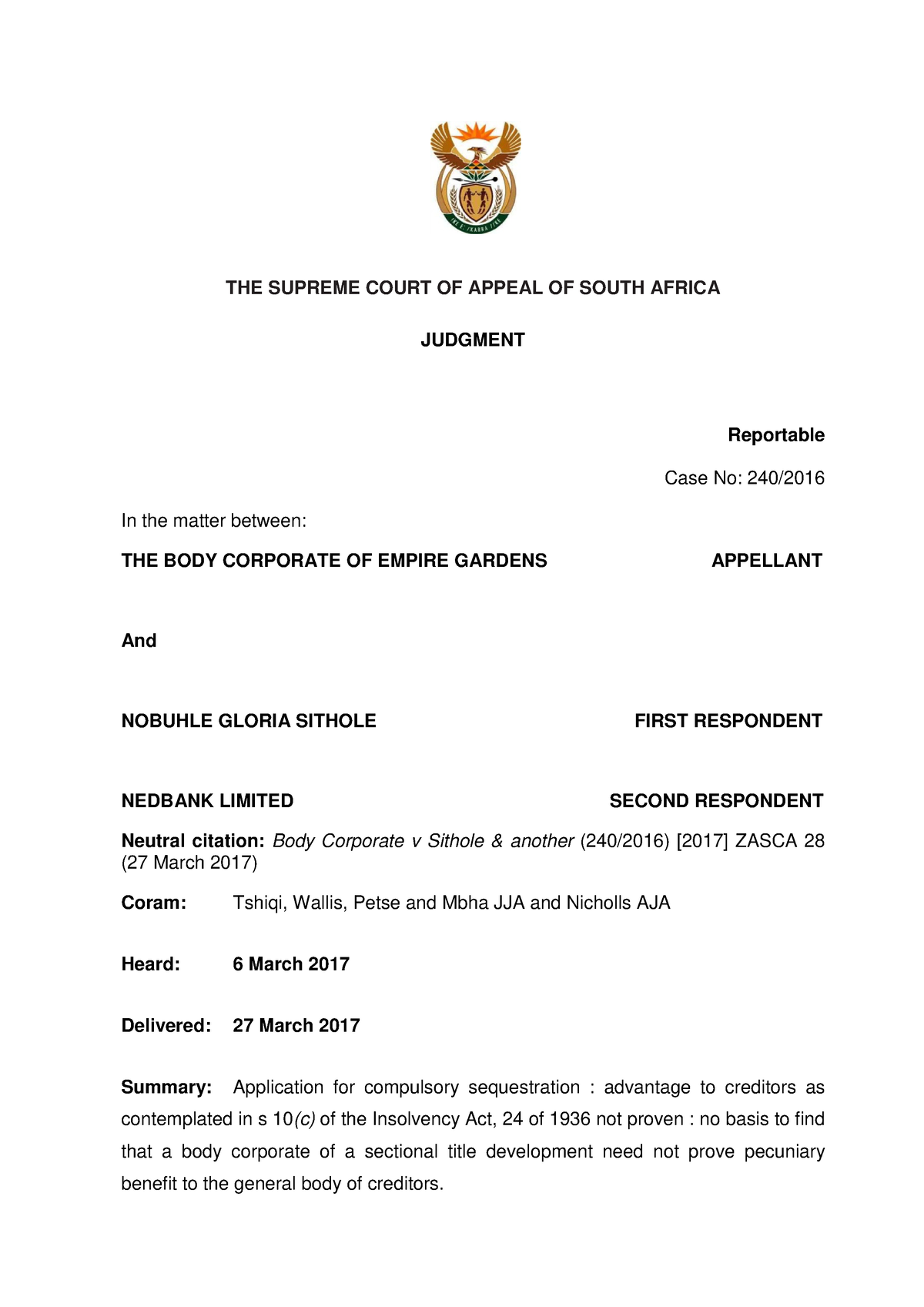 BODY Corporate OF Empire Gardens V Sithole - THE SUPREME COURT OF ...