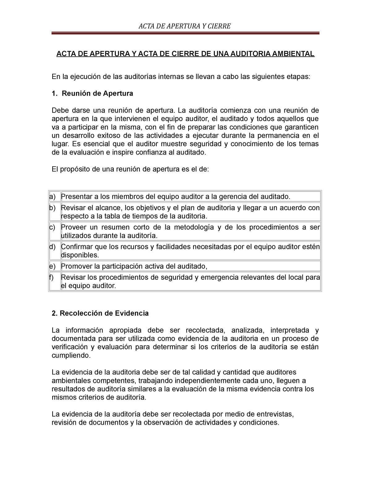 Acta De Apertura Para Una Auditoria Docsity