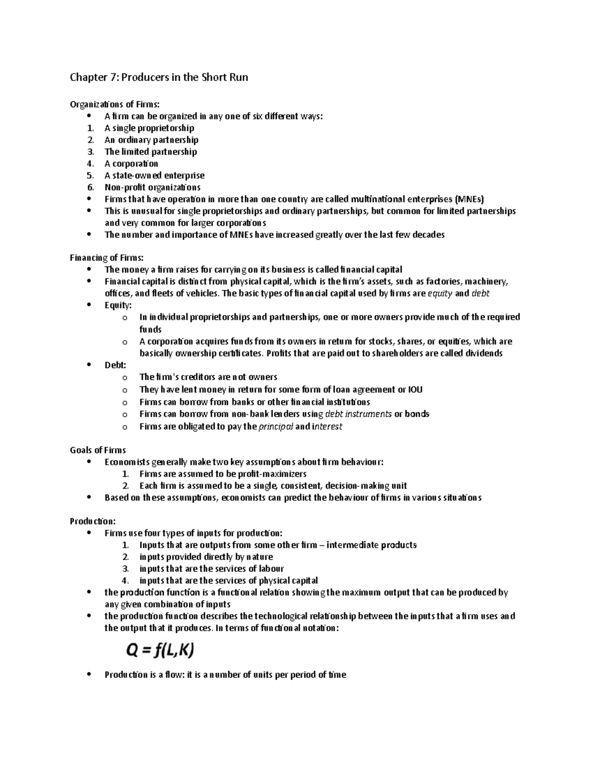 Chapter 7 - Chapter 7: Producers in the Short Run Organizations of ...