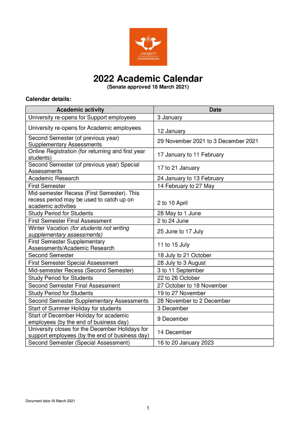 Academic calendar for 2022 - 1 2022 Academic Calendar (Senate approved ...