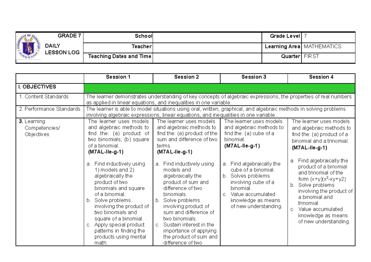 WEEK 6 - Daily Lesson Log Grade 7 Mathematics Quarter 2 - GRADE 7 DAILY ...