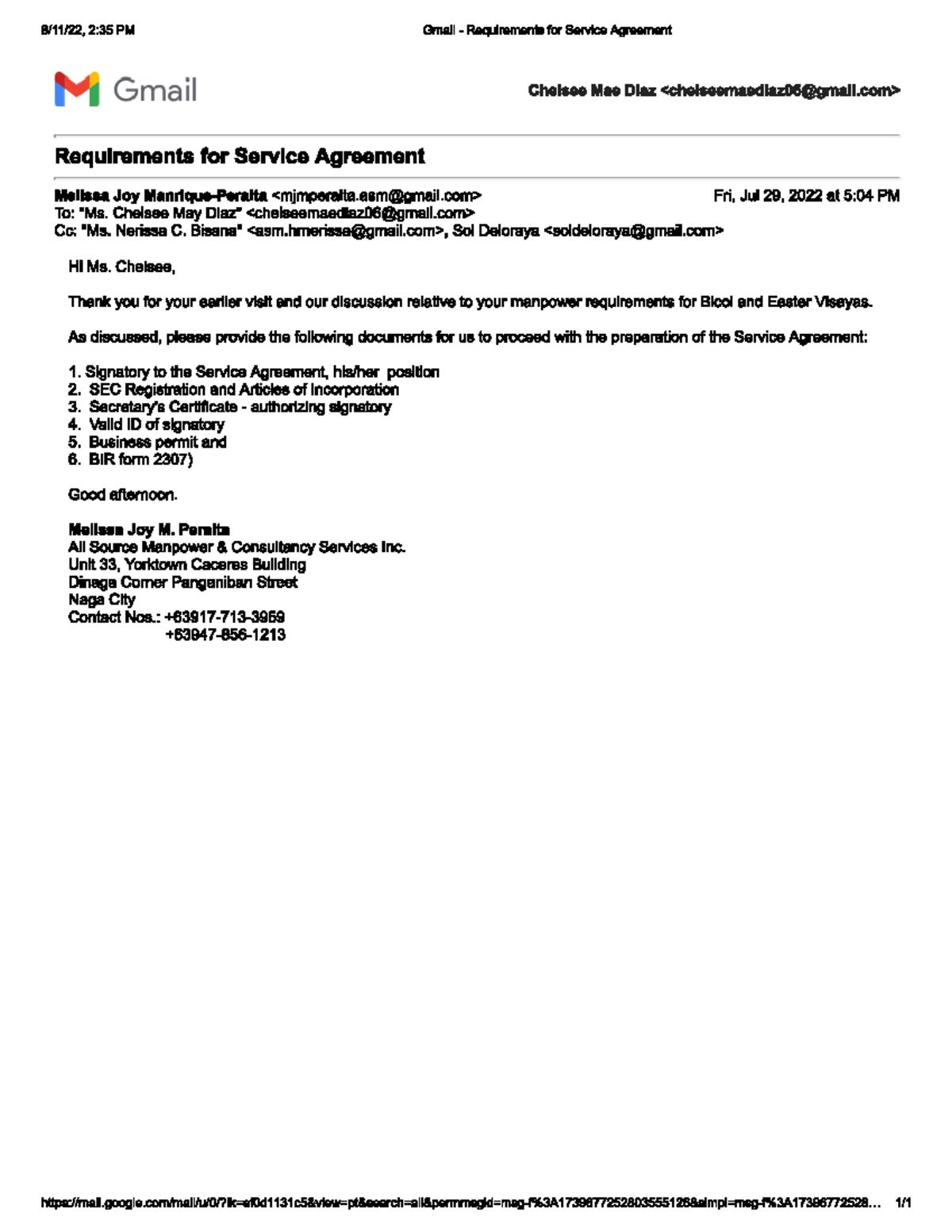 Letter from Service Provider Requirements for OCW Agency Bachelor