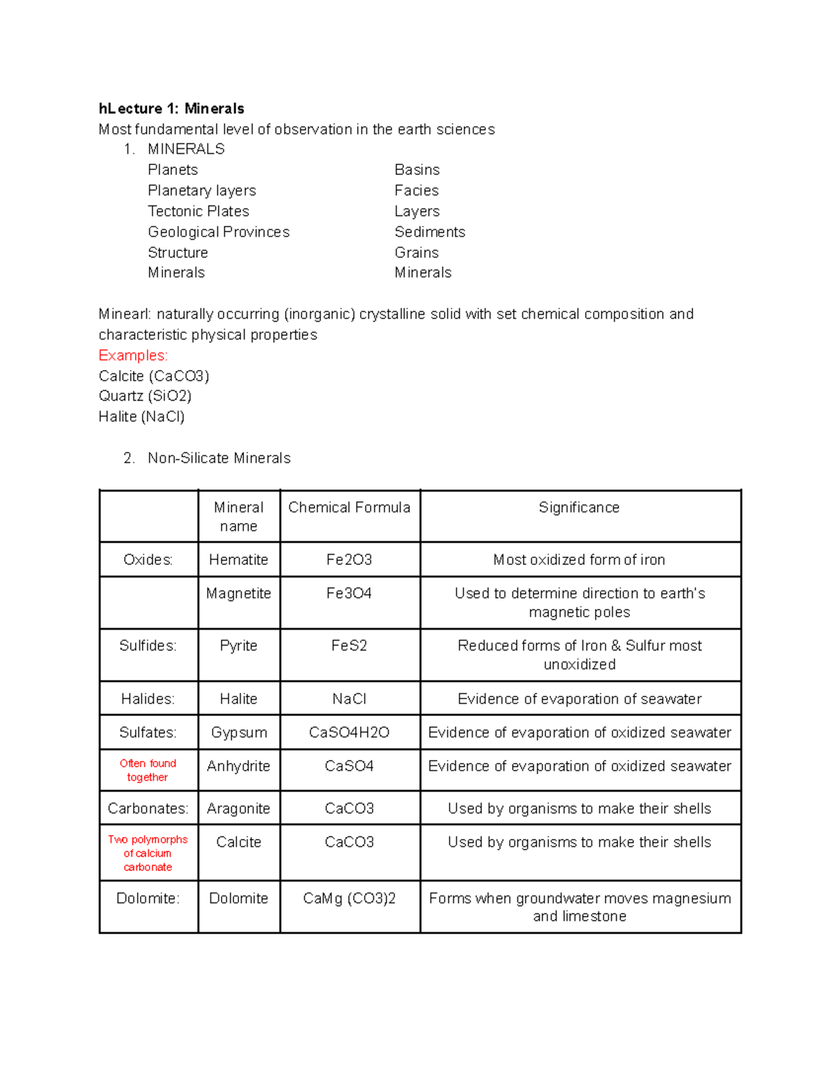 Geology Unit 1 Notes with Dr. Railsback hLecture 1 Minerals Most