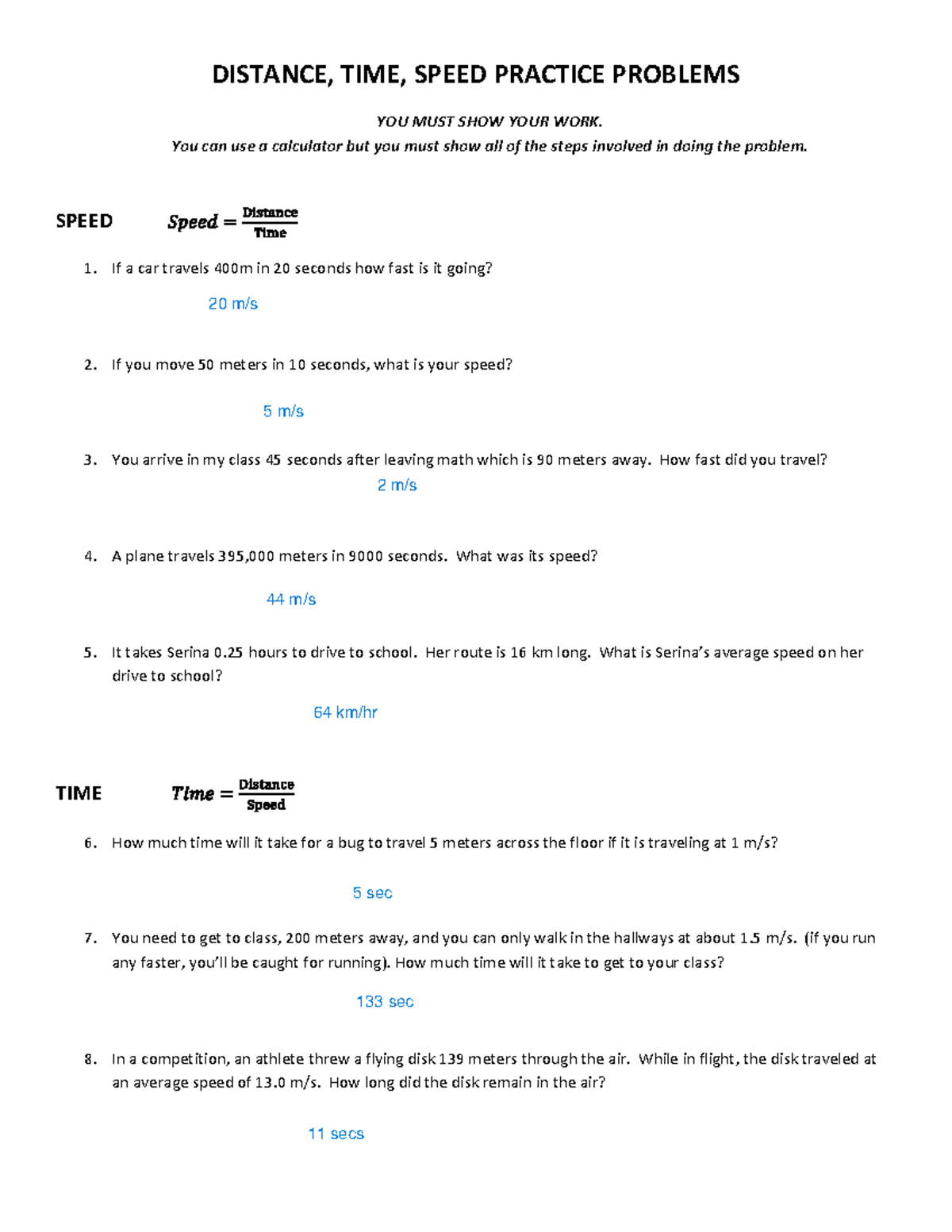 8Sci FM Speed Probs-1358kwo 2 - DISTANCE, TIME, SPEED PRACTICE PROBLEMS ...