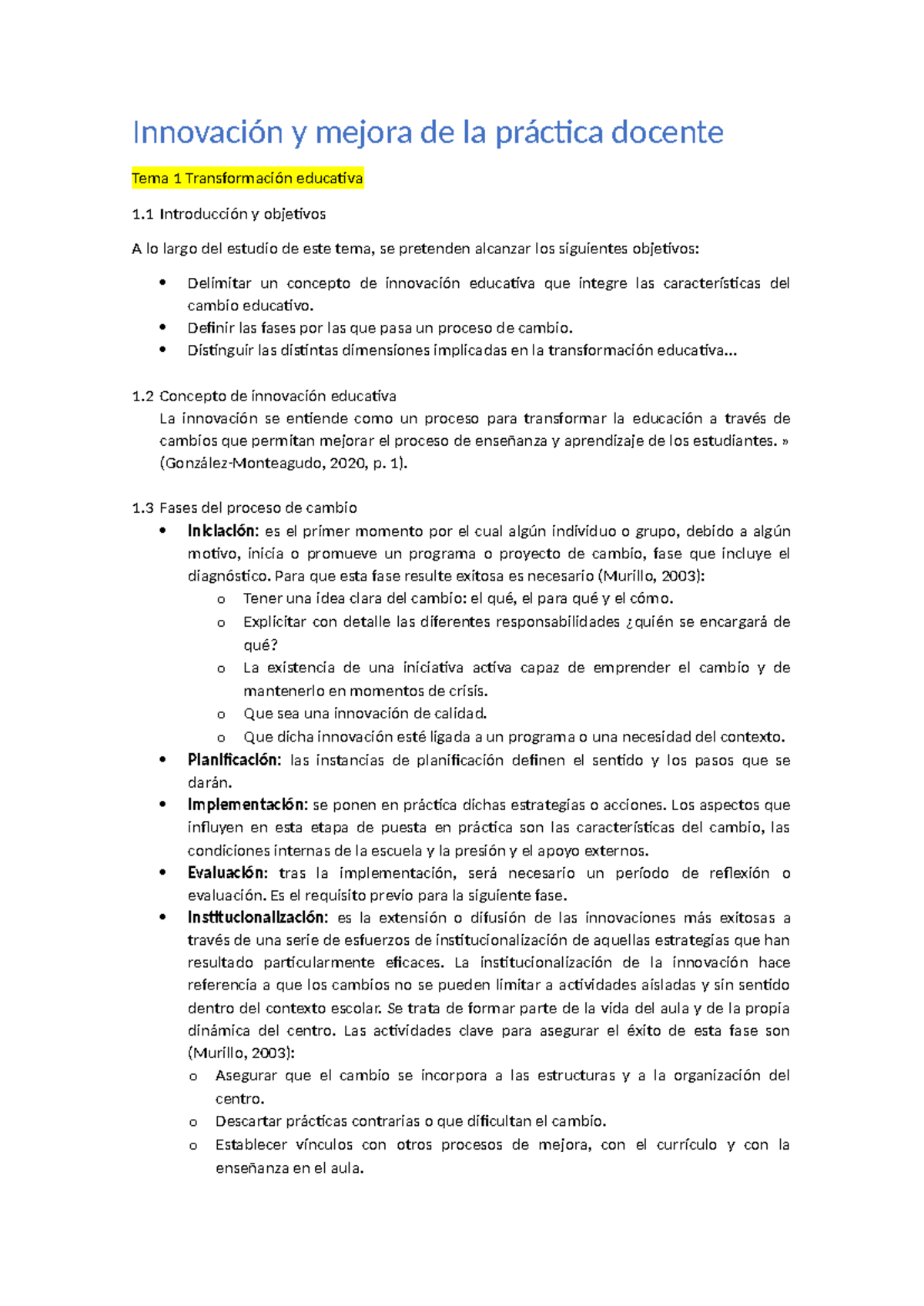 Innovación y mejora de la práctica docente resumen tema 1 - Innovación ...