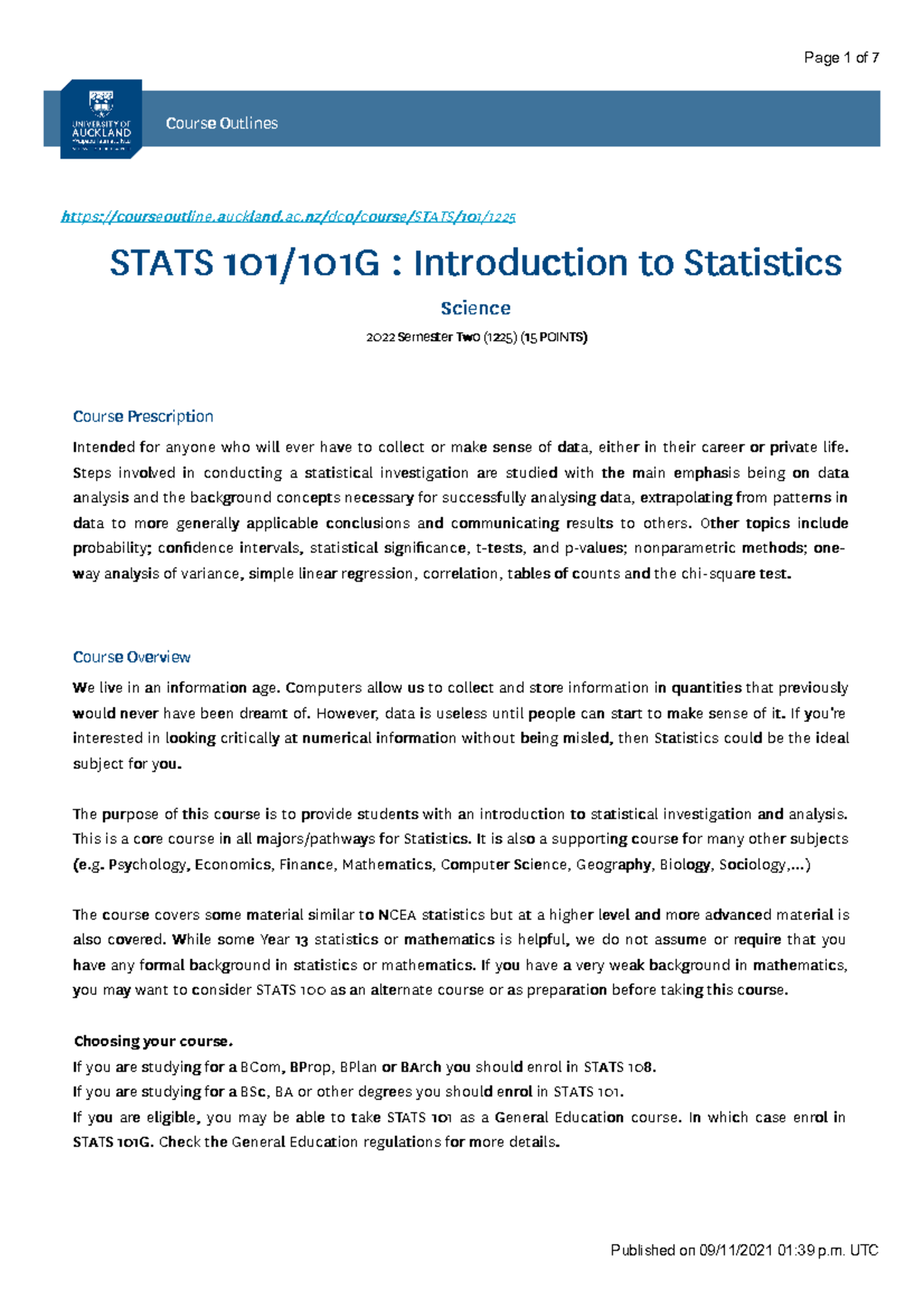 Stats 101 101G - 2022 Semester Two - Course Outline - CourseCourse ...