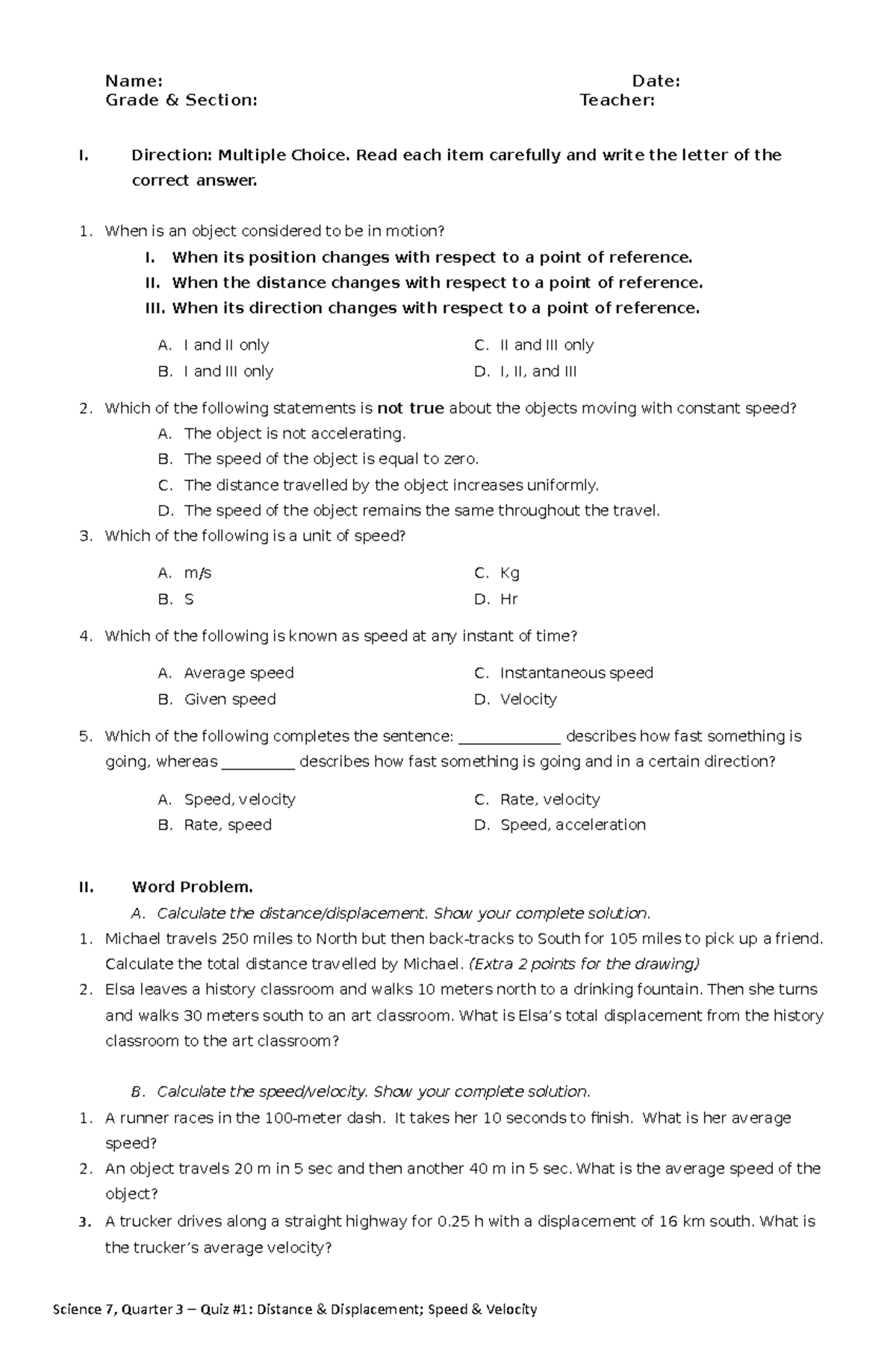 Q3 Quiz 1 - Motion in one dimension - Name: Date: Grade & Section ...