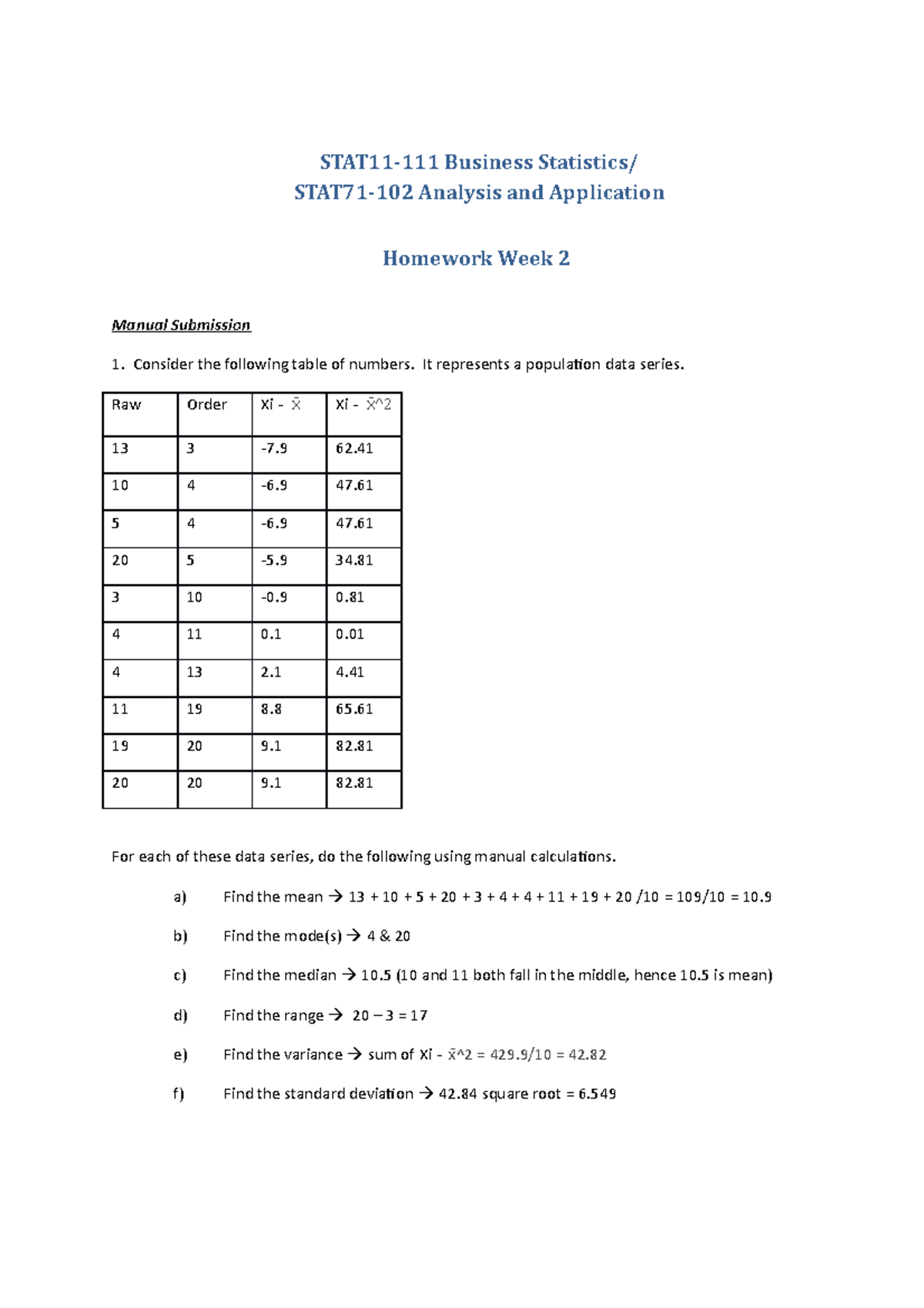 Business Statistics Task W2 - STAT11-111 Business Statistics/ STAT71 ...