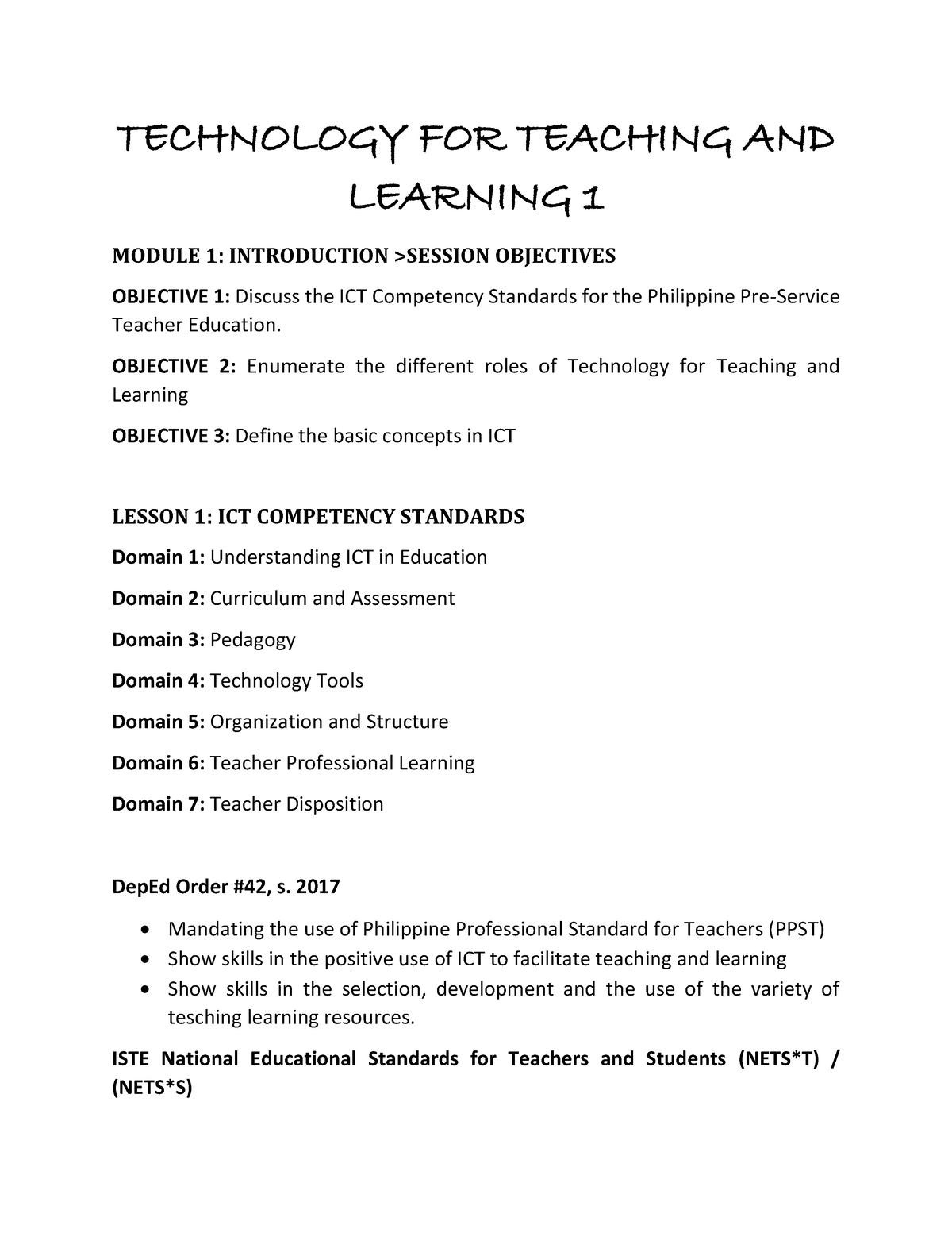 TTL1 Notes L1 L2 - Lesson Plan - TECHNOLOGY FOR TEACHING AND LEARNING 1 ...