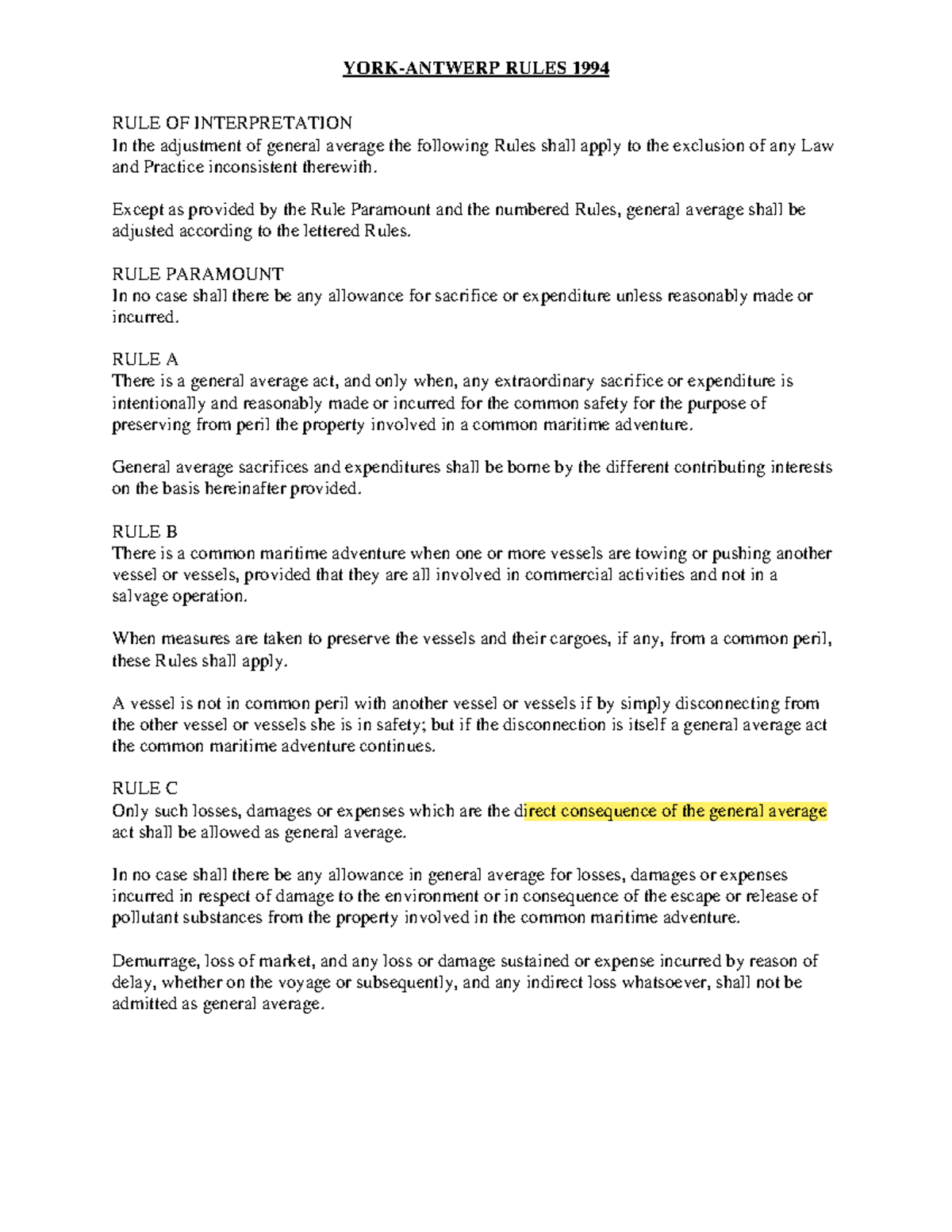 YAR94 york antwerp RULE OF INTERPRETATION In the adjustment of