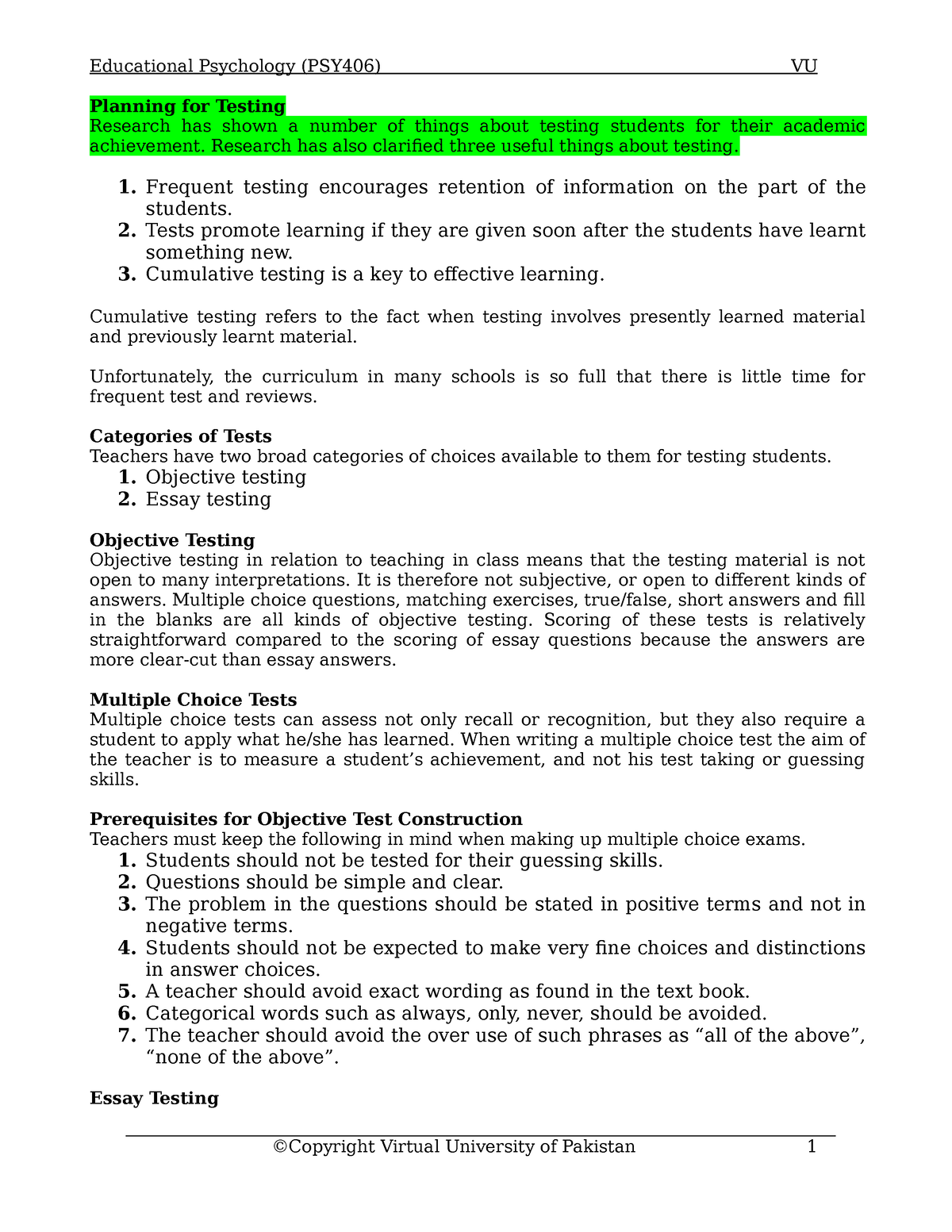 PSY406 Marked Handout 2 - Planning For Testing Research Has Shown A ...