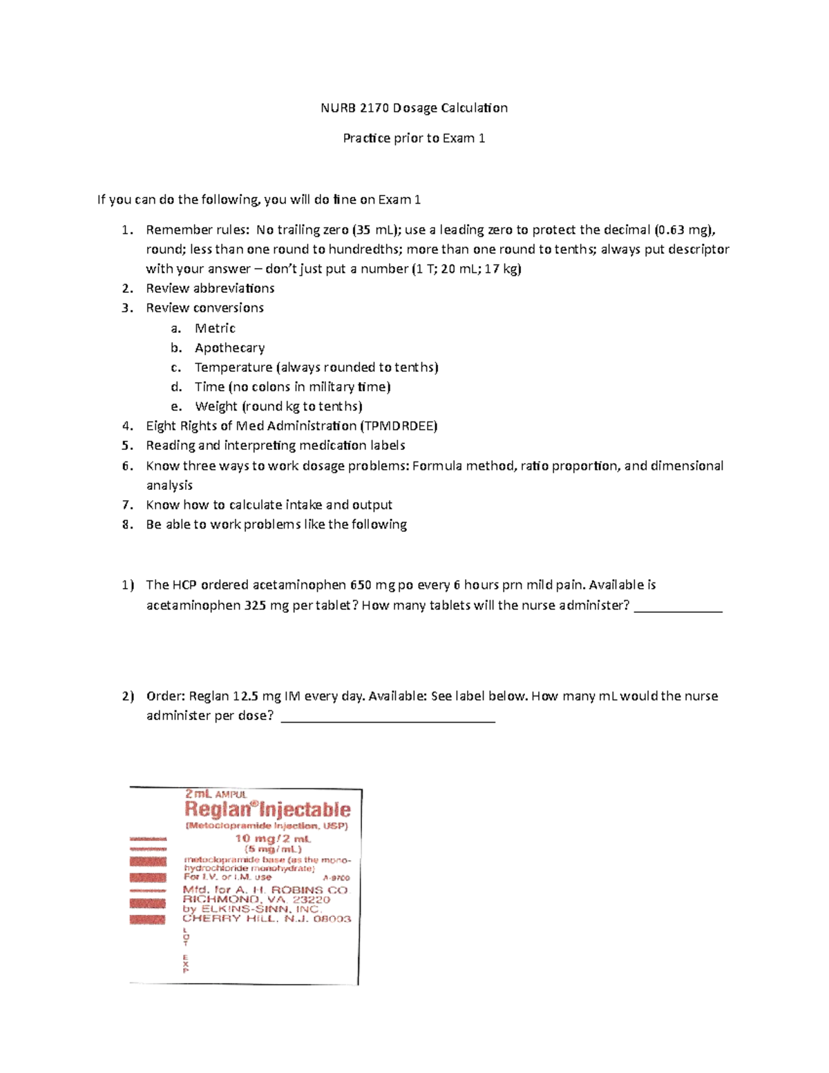 NURB 2170 Dosage Calculation Practice Prior To Exam 1 - Metric B ...