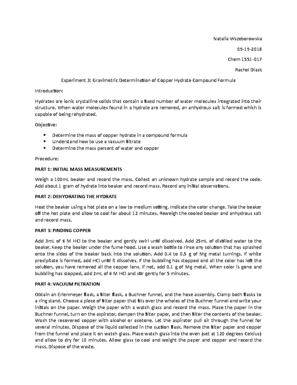 CHEM POST LAB 3 - N/A - Natalia Wszeborowska 09-19- Chem 1551- Rachel ...