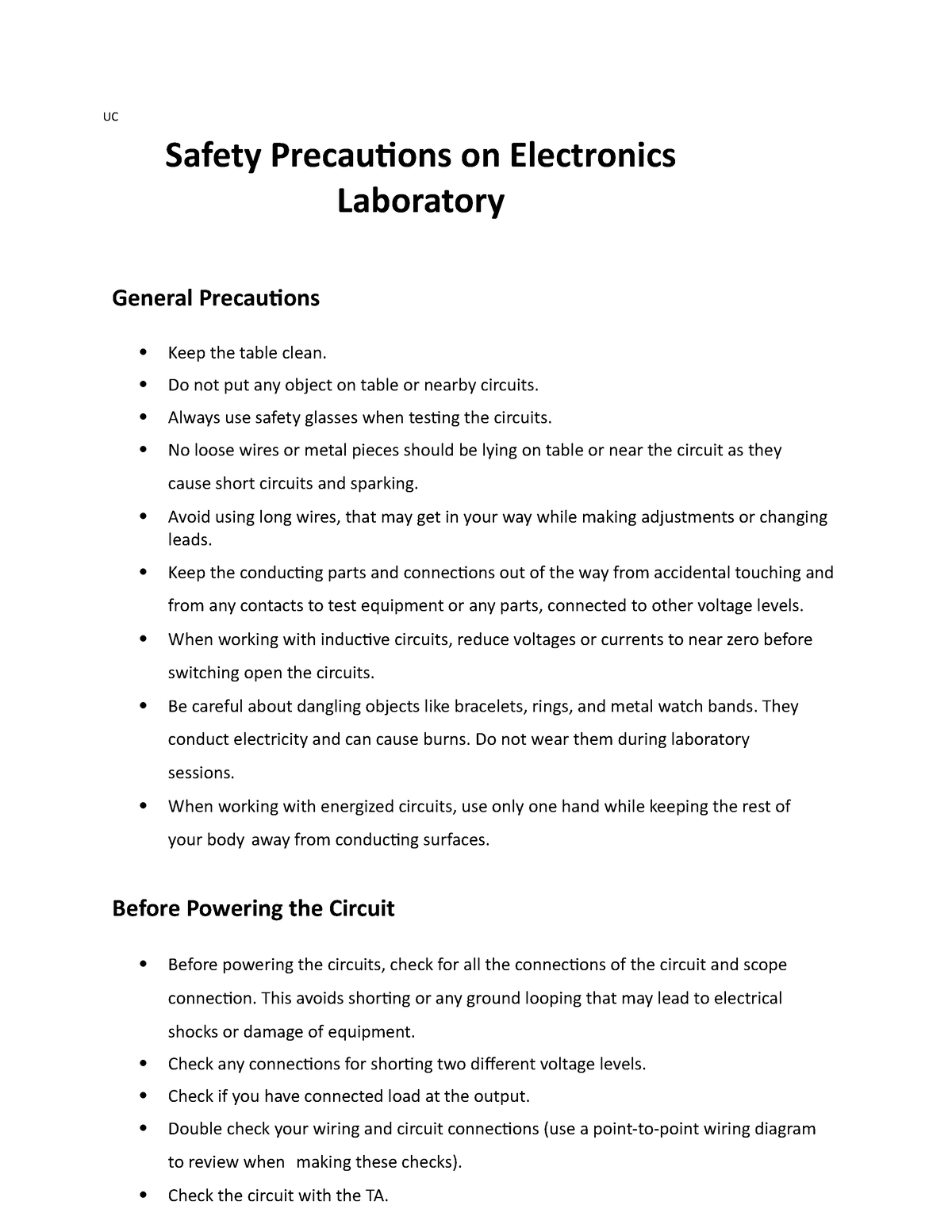 Safety Precautions on Electronics Laboratory UC Safety Precautions on