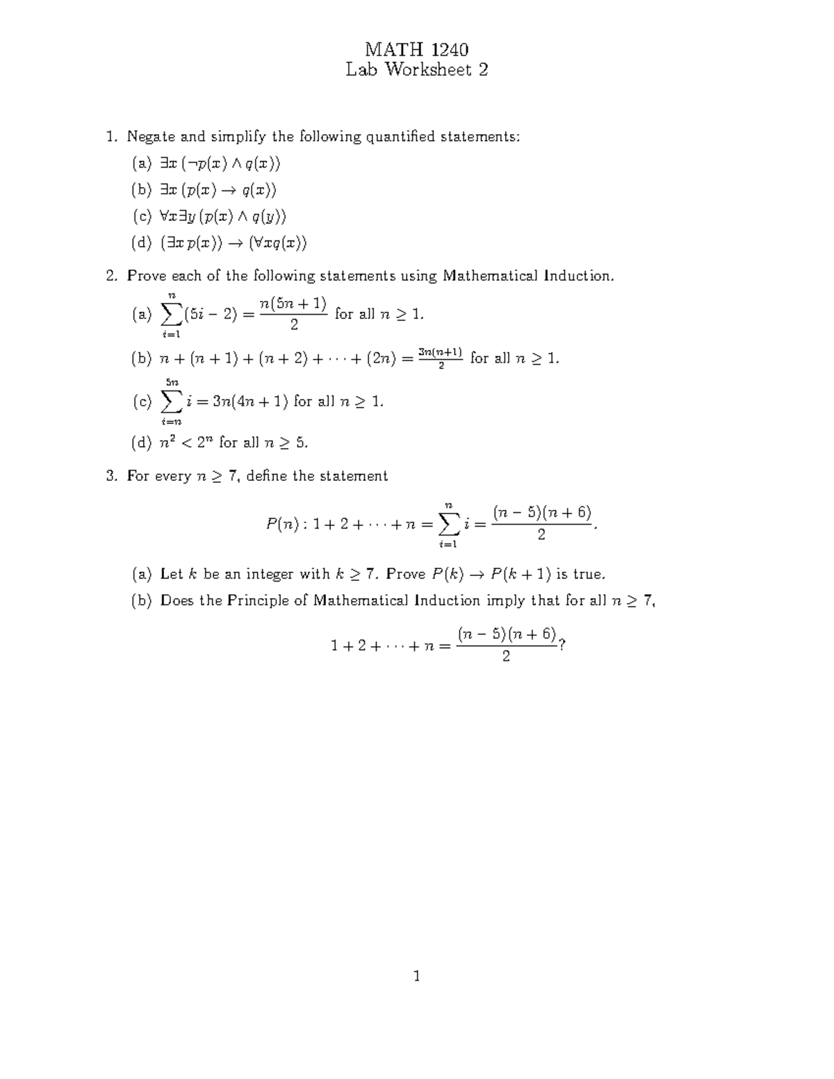 Worksheet 2 MATH 1240 Lab Worksheet 2 Negate and simplify the
