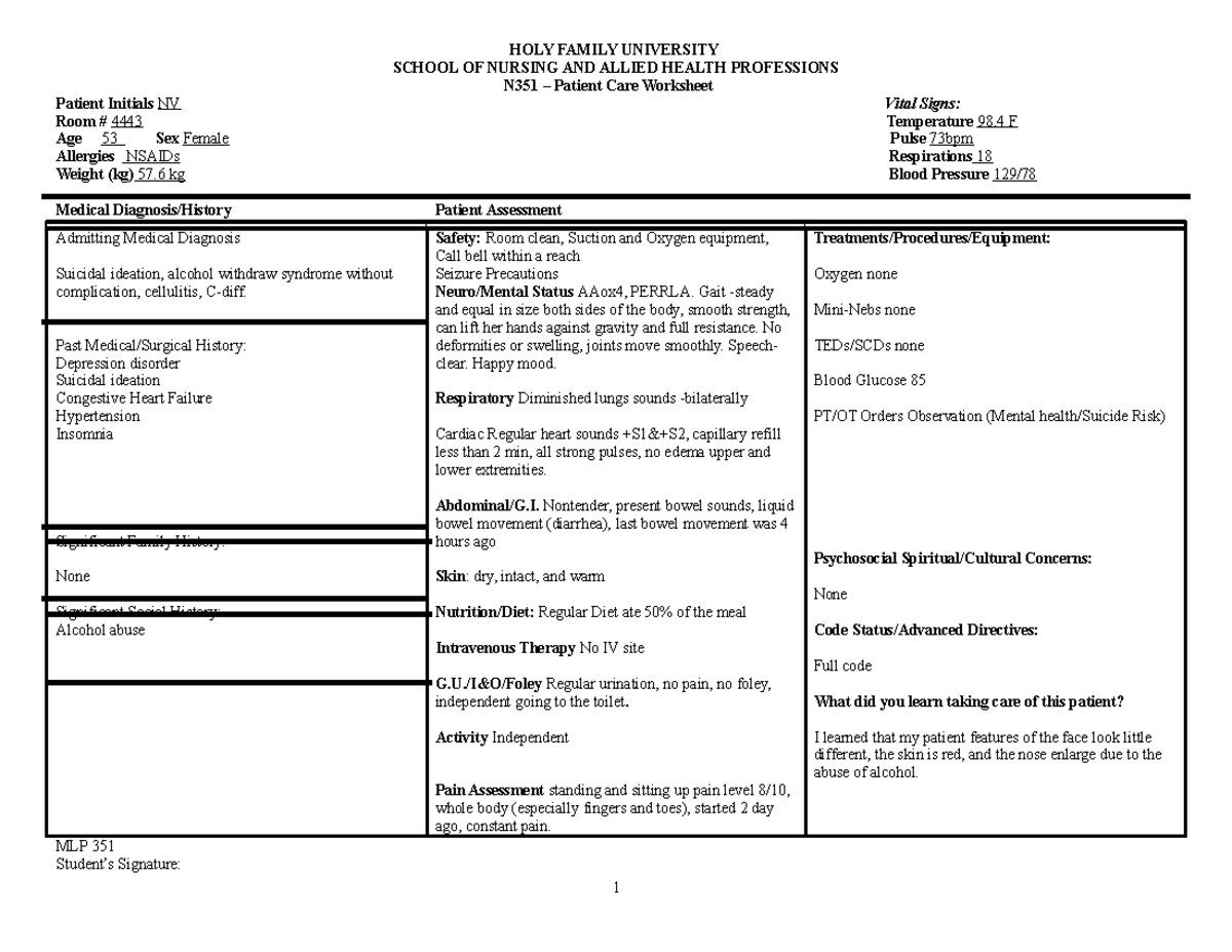 351 Patient Care Worksheet 3 - HOLY FAMILY UNIVERSITY SCHOOL OF NURSING ...