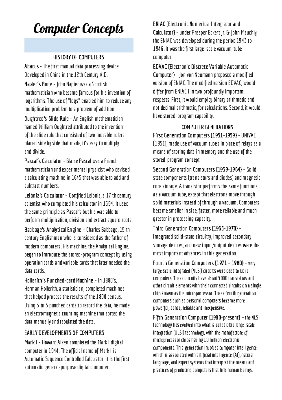 IT-Notes - Computer Concepts HISTORY OF COMPUTERS Abacus - The first ...