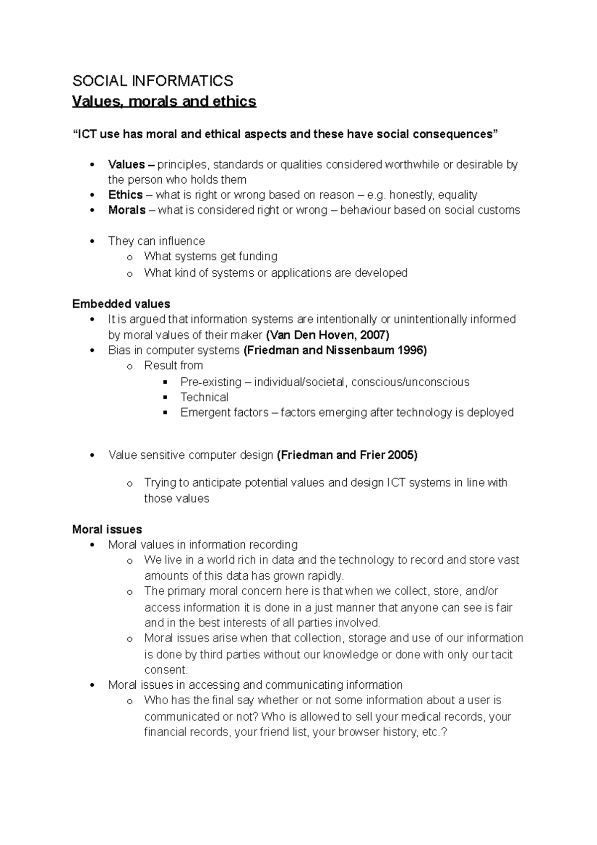 Social Informatics - Notes used for exam - SOCIAL INFORMATICS Values ...