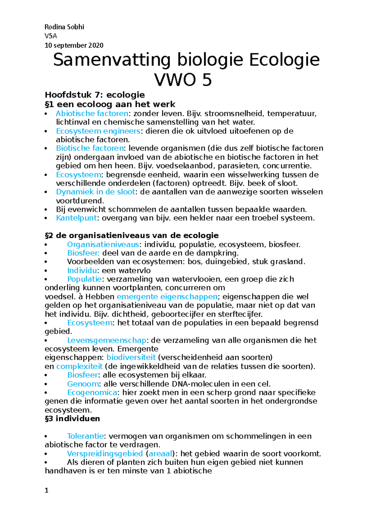 Samenvatting Biologie Ecologie VWO 5; H1 Tot - V5A 10 September 2020 ...