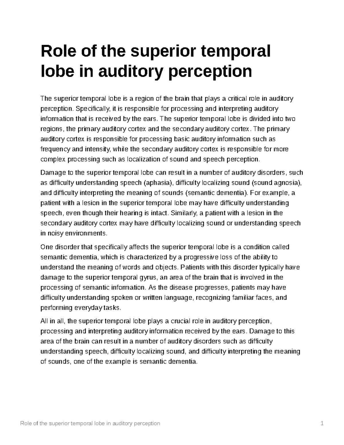 Role of the superior temporal lobe in auditory perception ...