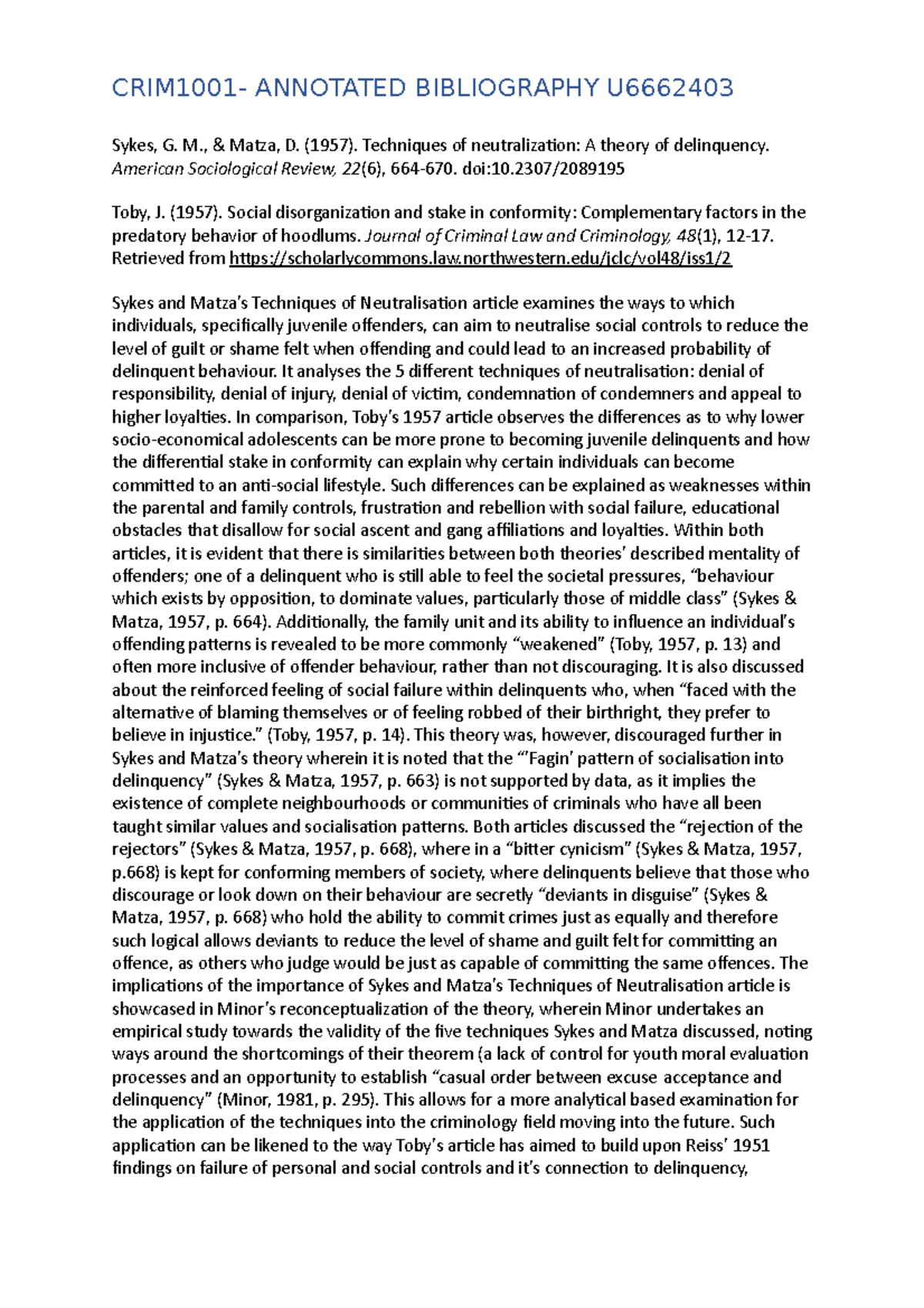 Annotated Bibliography crim1001 - CRIM1001- ANNOTATED BIBLIOGRAPHY U ...