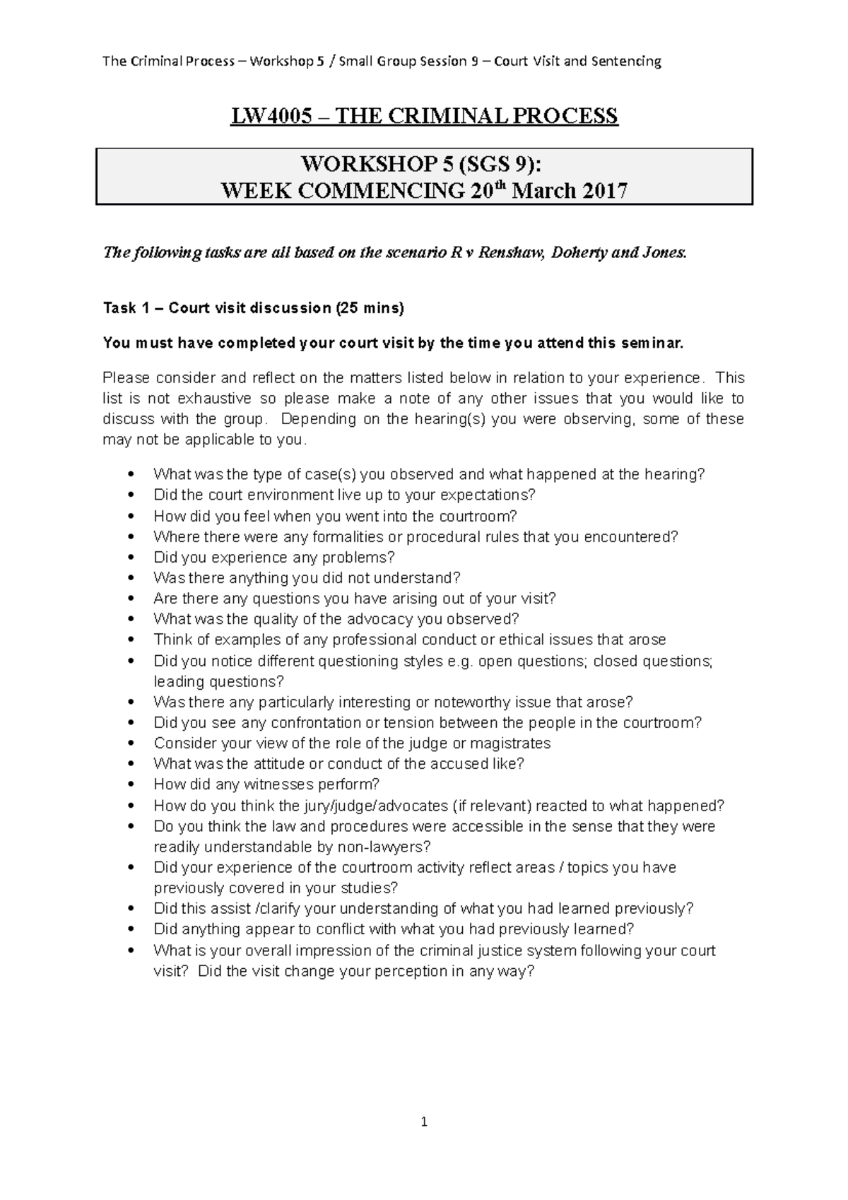 Crim Process SGS 9 Workshop 5 Court Visit and Sentencing points of ...