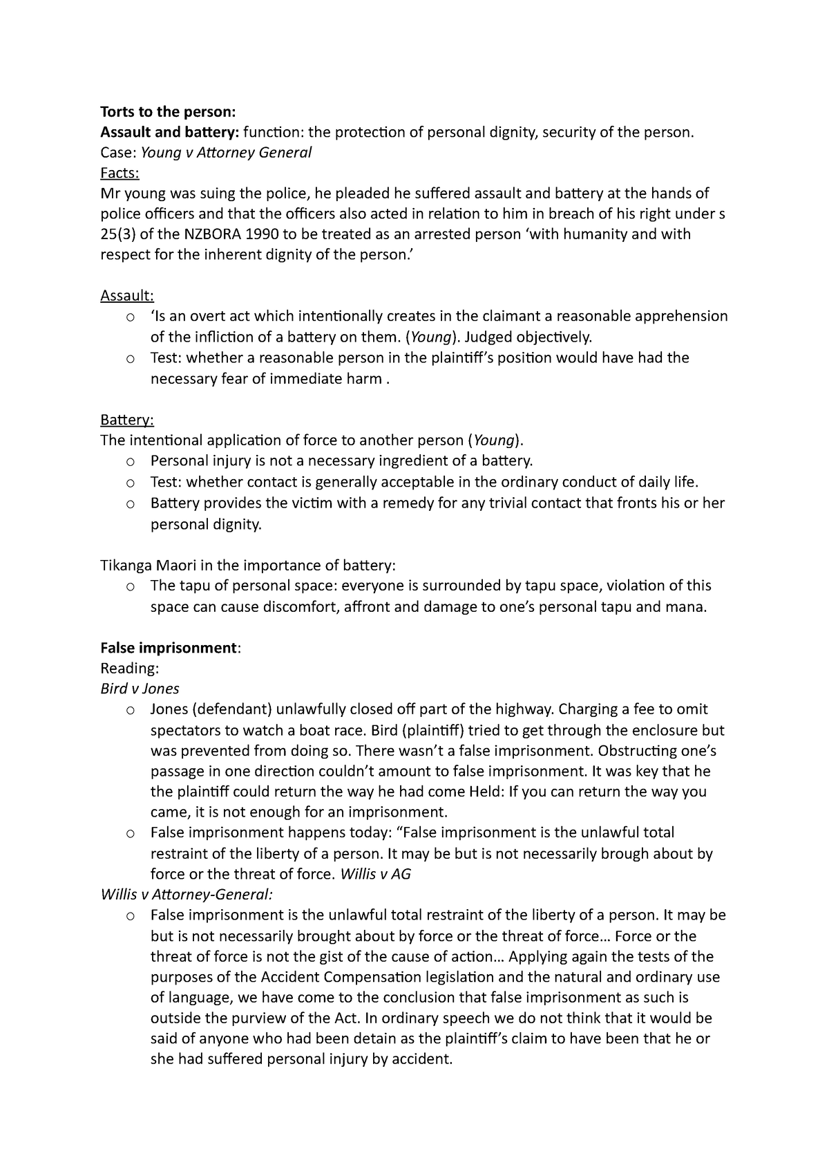 Cheat sheet - Torts to the person: Assault and battery: function: the ...